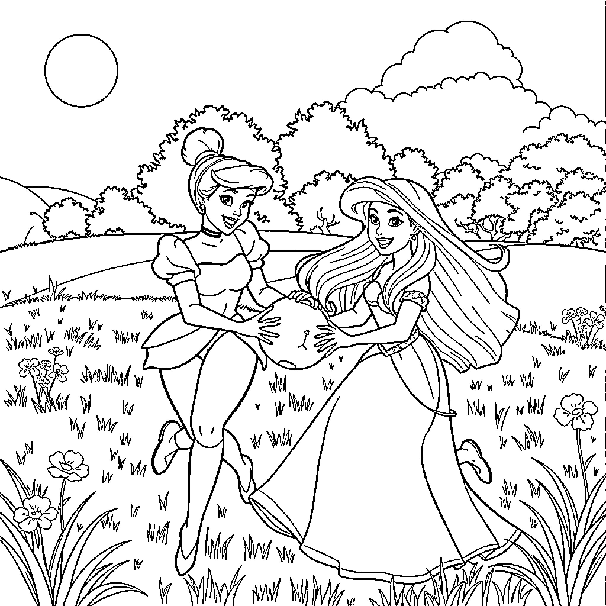 Disney Princesses enjoying nature's beauty Coloring Page (free black-and-white line drawing printable PDF for all, from beginners to advanced learners, including children, teens, adults, and seniors)
