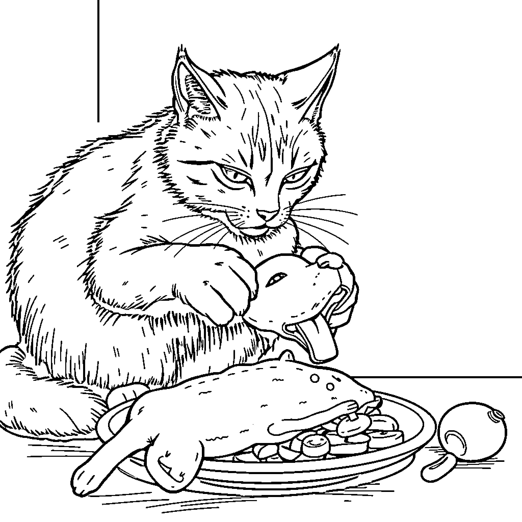 Cat eating fish meal on plate Coloring Page (free black-and-white line drawing printable PDF for all, from beginners to advanced learners, including children, teens, adults, and seniors)