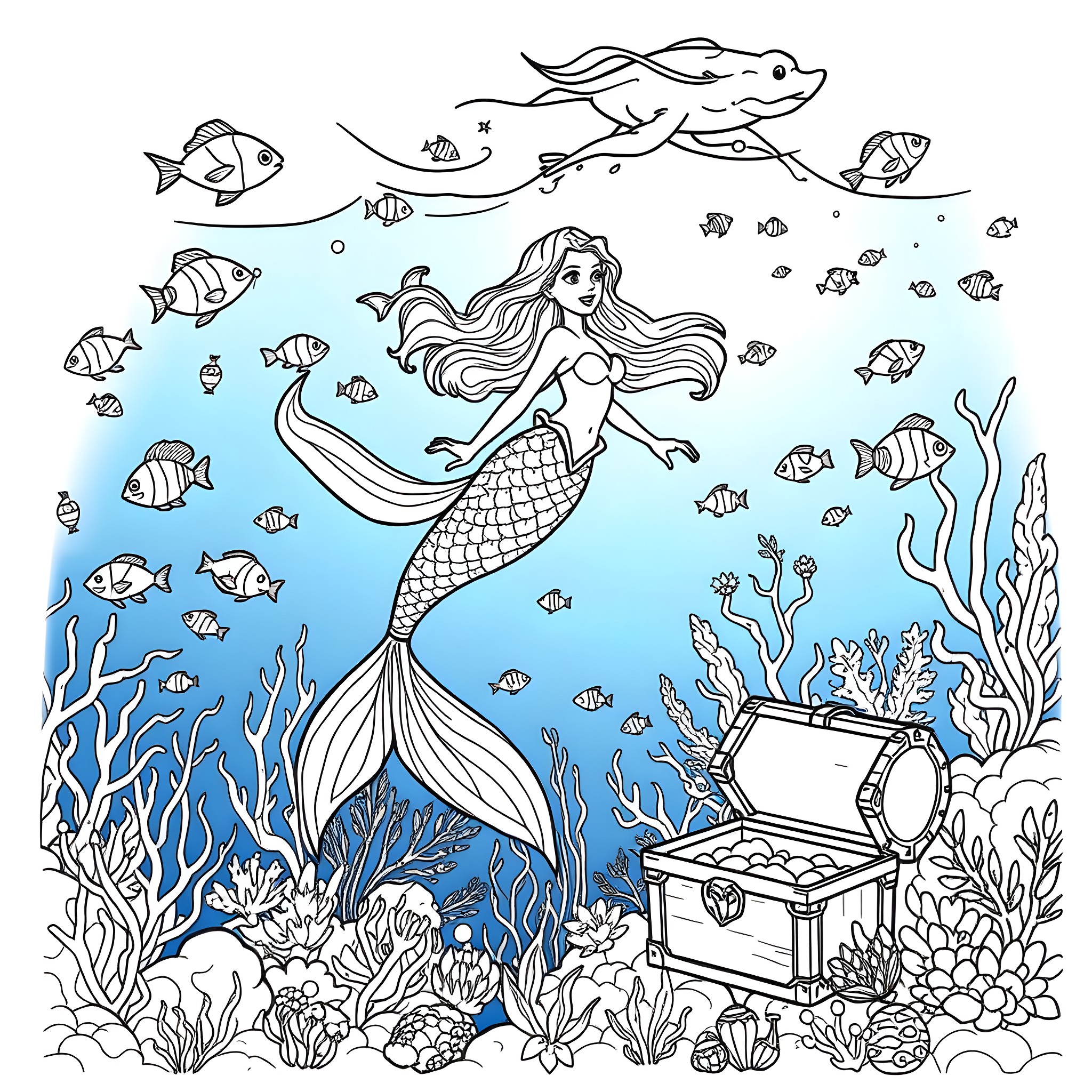 Mermaid exploring the wondrous underwater world Coloring Page (free black-and-white line drawing printable PDF for all, from beginners to advanced learners, including children, teens, adults, and seniors)