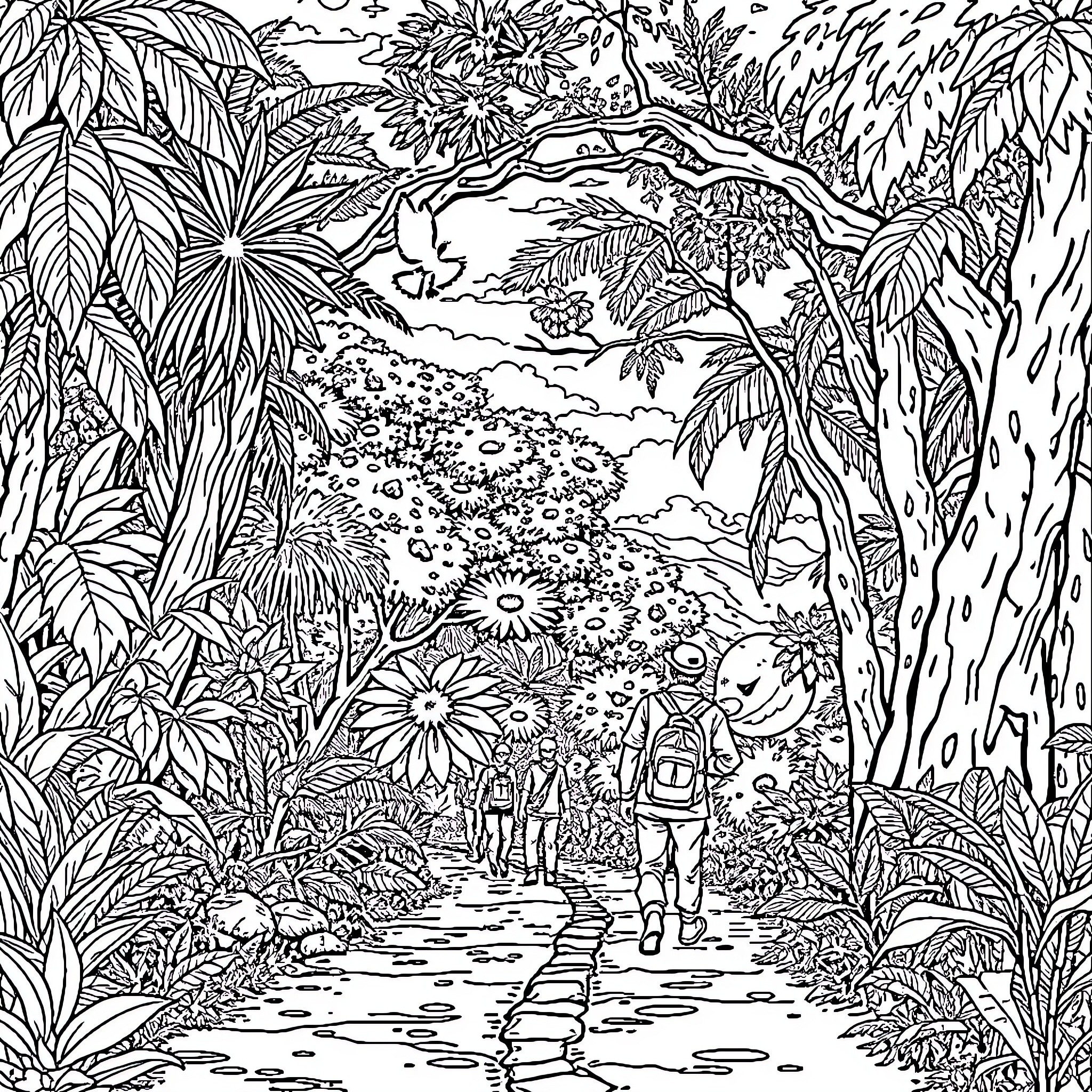 Bisjourney through a lush tropical paradise Coloring Page (free black-and-white line drawing printable PDF for all, from beginners to advanced learners, including children, teens, adults, and seniors)