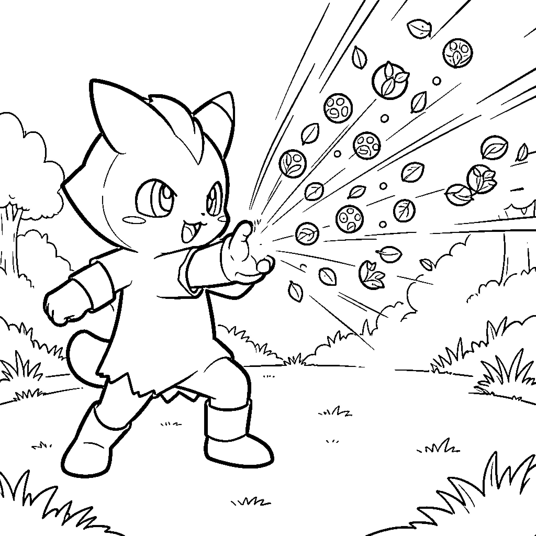 Ouistempo character casting magic spells in nature Coloring Page (free black-and-white line drawing printable PDF for all, from beginners to advanced learners, including children, teens, adults, and seniors)