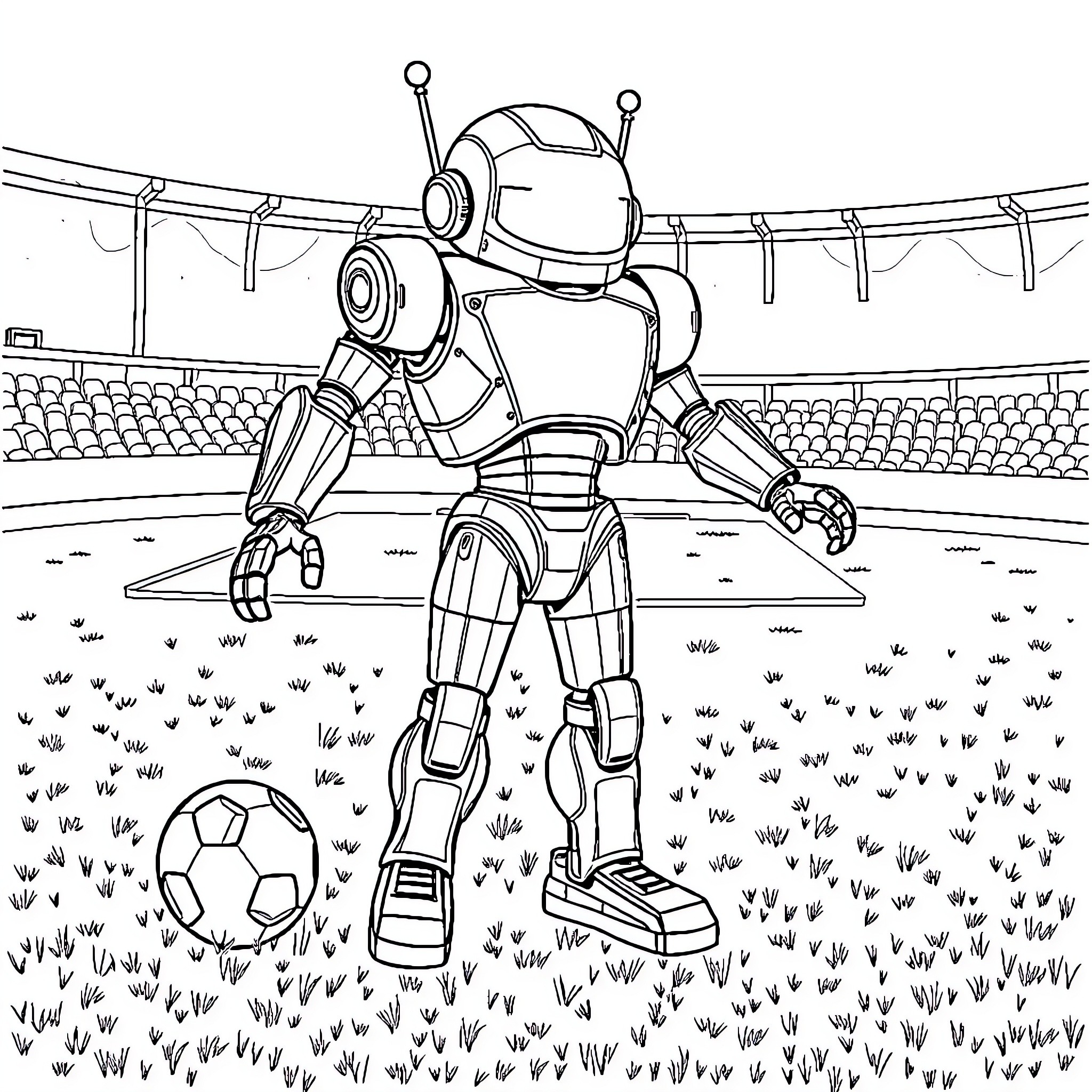 Robot Playing Soccer on a Field Coloring Page (free black-and-white line drawing printable PDF for all, from beginners to advanced learners, including children, teens, adults, and seniors)