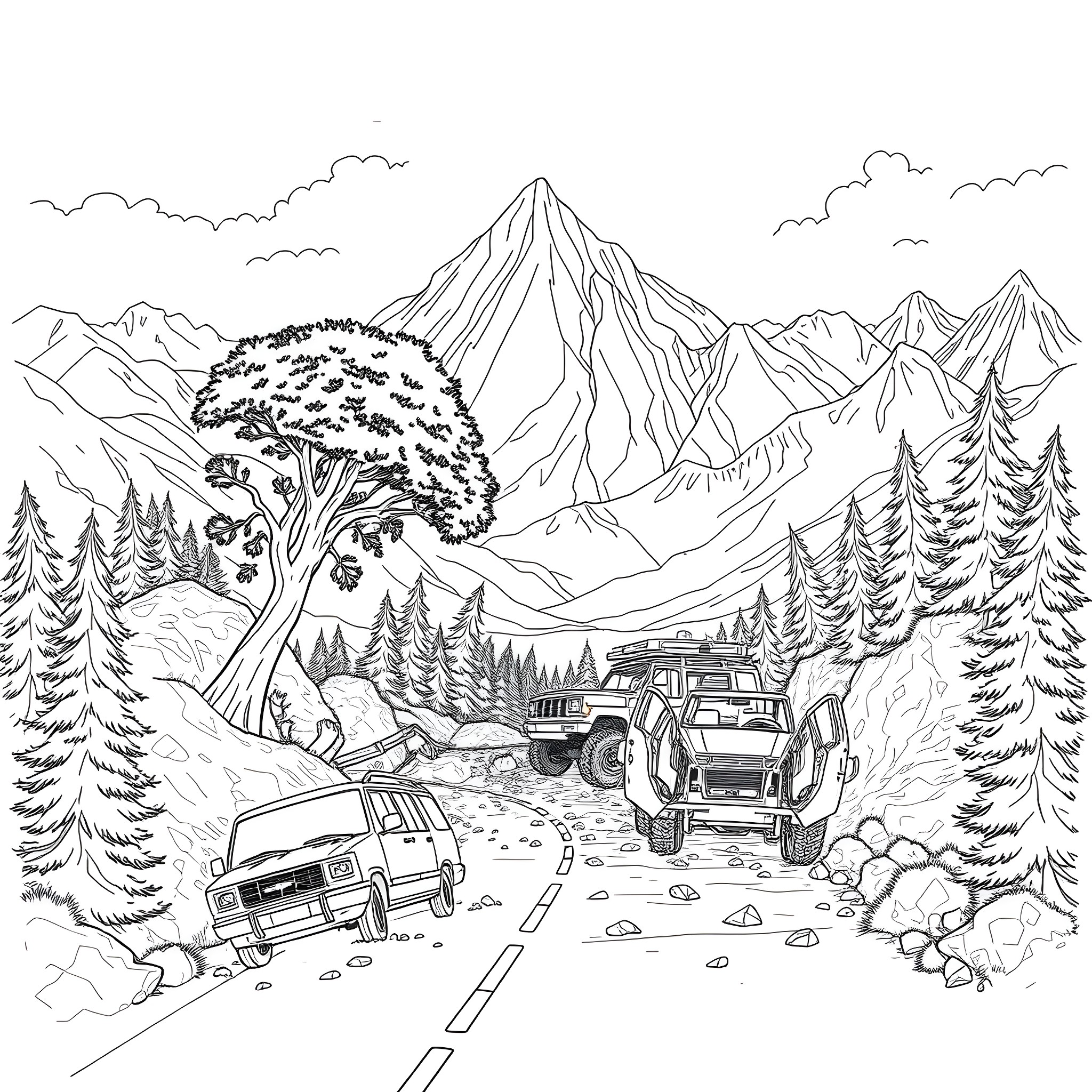 Tree-lined mountain road adventure with 4x4 vehicles Coloring Page (free black-and-white line drawing printable PDF for all, from beginners to advanced learners, including children, teens, adults, and seniors)