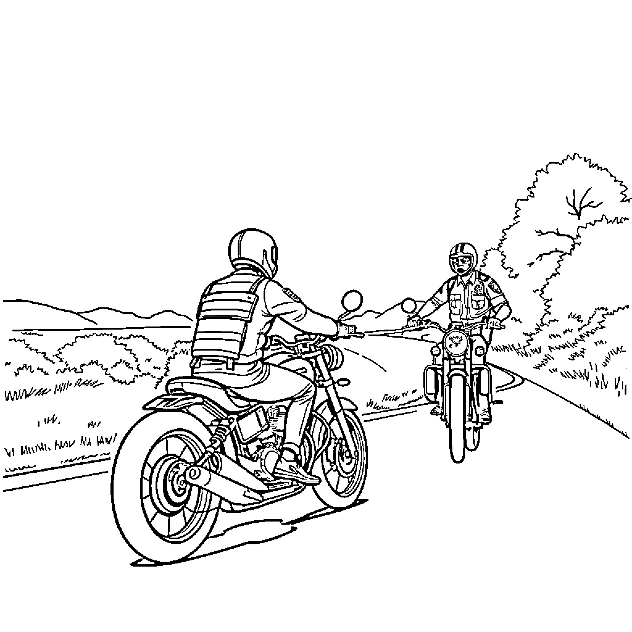 Cop directing traffic on motorcycles in the countryside Coloring Page (free black-and-white line drawing printable PDF for all, from beginners to advanced learners, including children, teens, adults, and seniors)