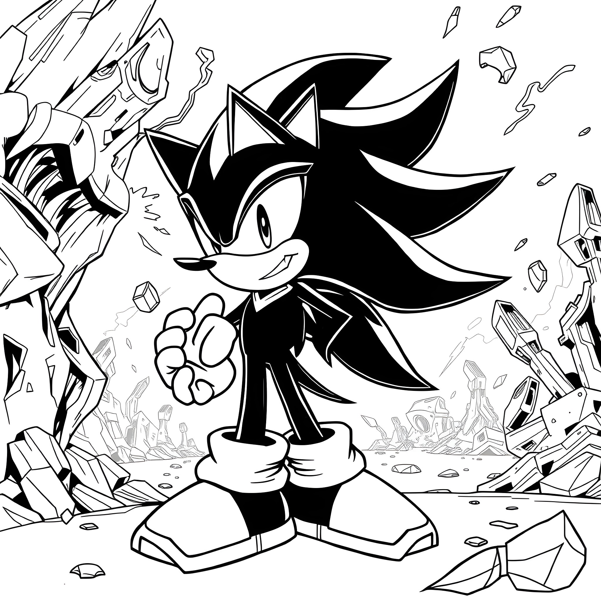 Shadow the Hedgehog in a Dramatic Pose Coloring Page (free black-and-white line drawing printable PDF for all, from beginners to advanced learners, including children, teens, adults, and seniors)