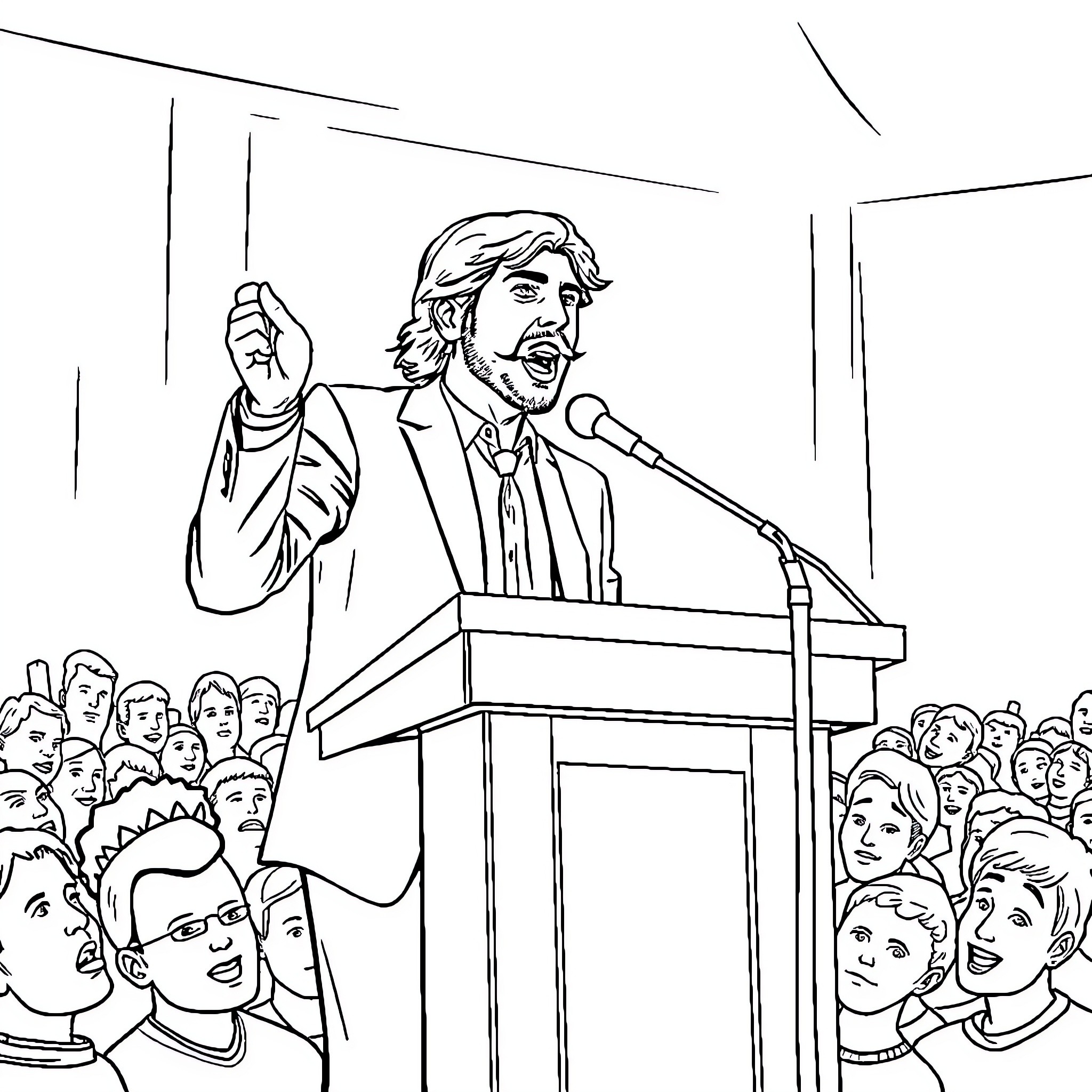 Javier Milei addressing a crowd at a podium Coloring Page (free black-and-white line drawing printable PDF for all, from beginners to advanced learners, including children, teens, adults, and seniors)