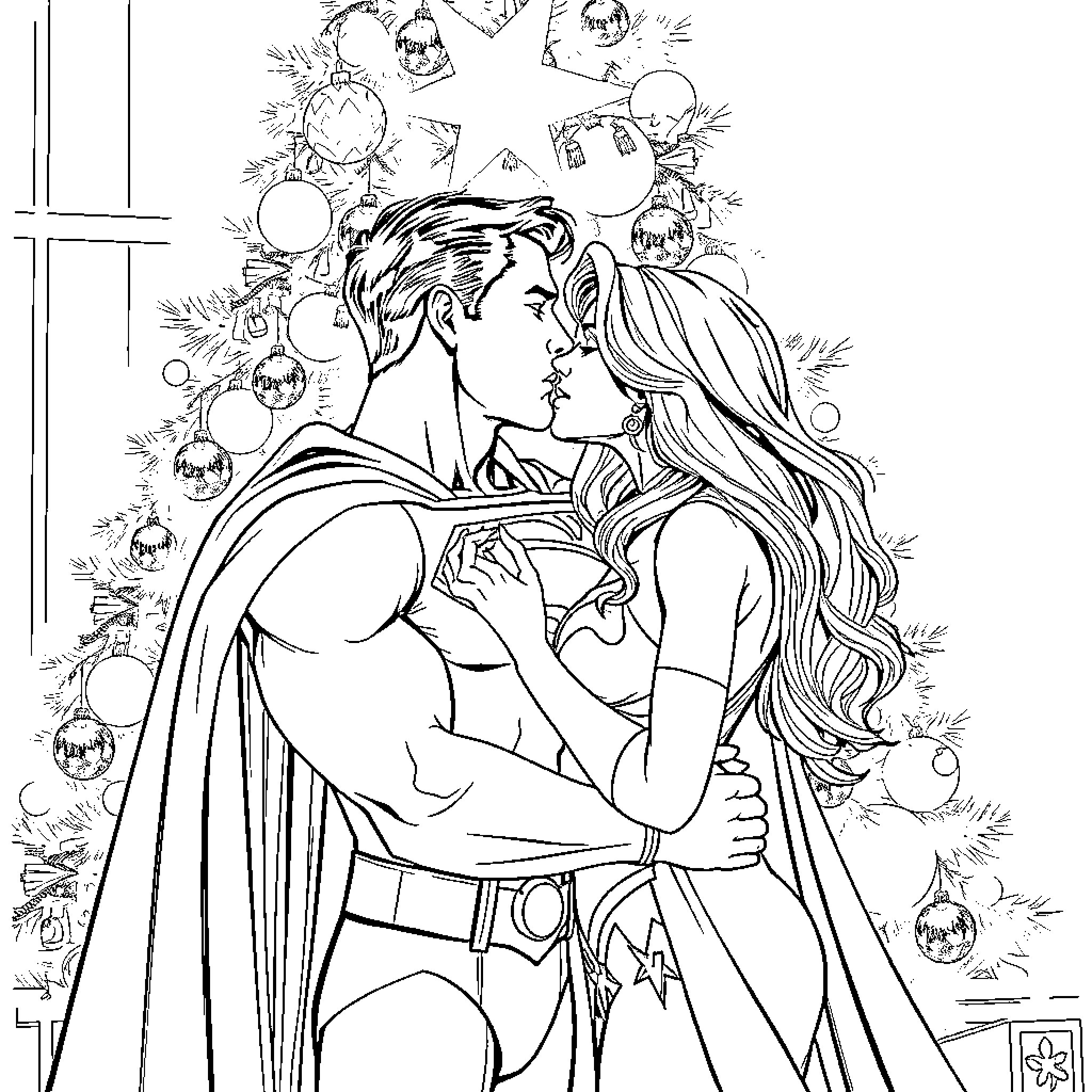 Superman and Superwoman embrace in holiday splendor Coloring Page (free black-and-white line drawing printable PDF for all, from beginners to advanced learners, including children, teens, adults, and seniors)