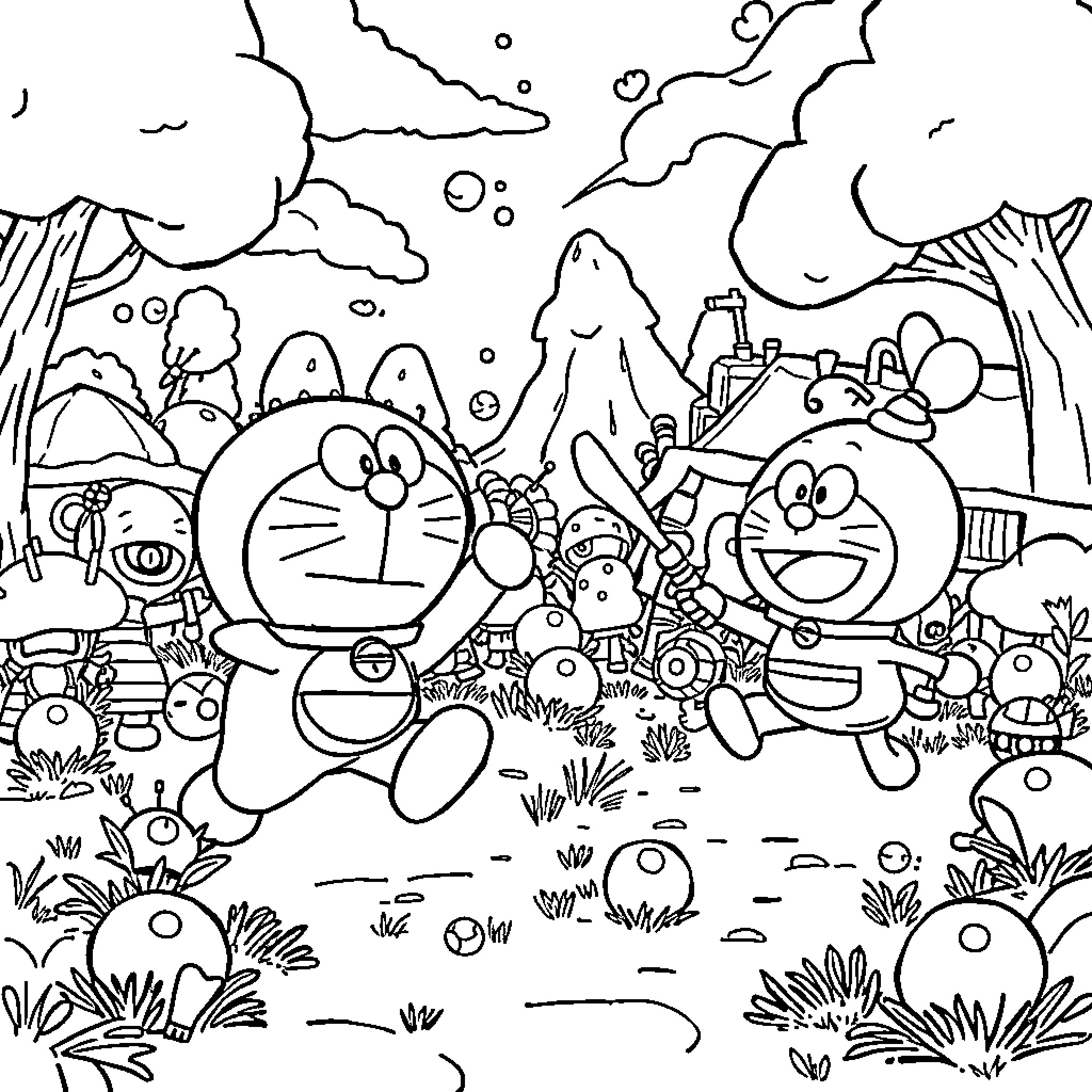 Doraemon and Friends Explore the Whimsical Landscape Coloring Page (free black-and-white line drawing printable PDF for all, from beginners to advanced learners, including children, teens, adults, and seniors)