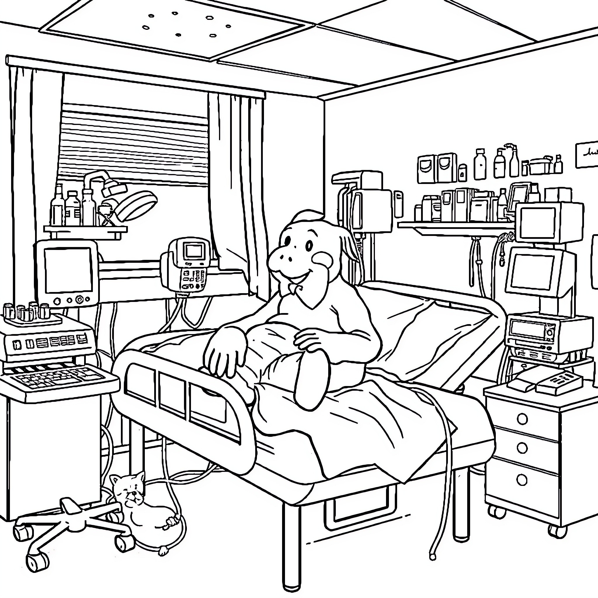 Grandfather resting in hospital room Coloring Page (free black-and-white line drawing printable PDF for all, from beginners to advanced learners, including children, teens, adults, and seniors)