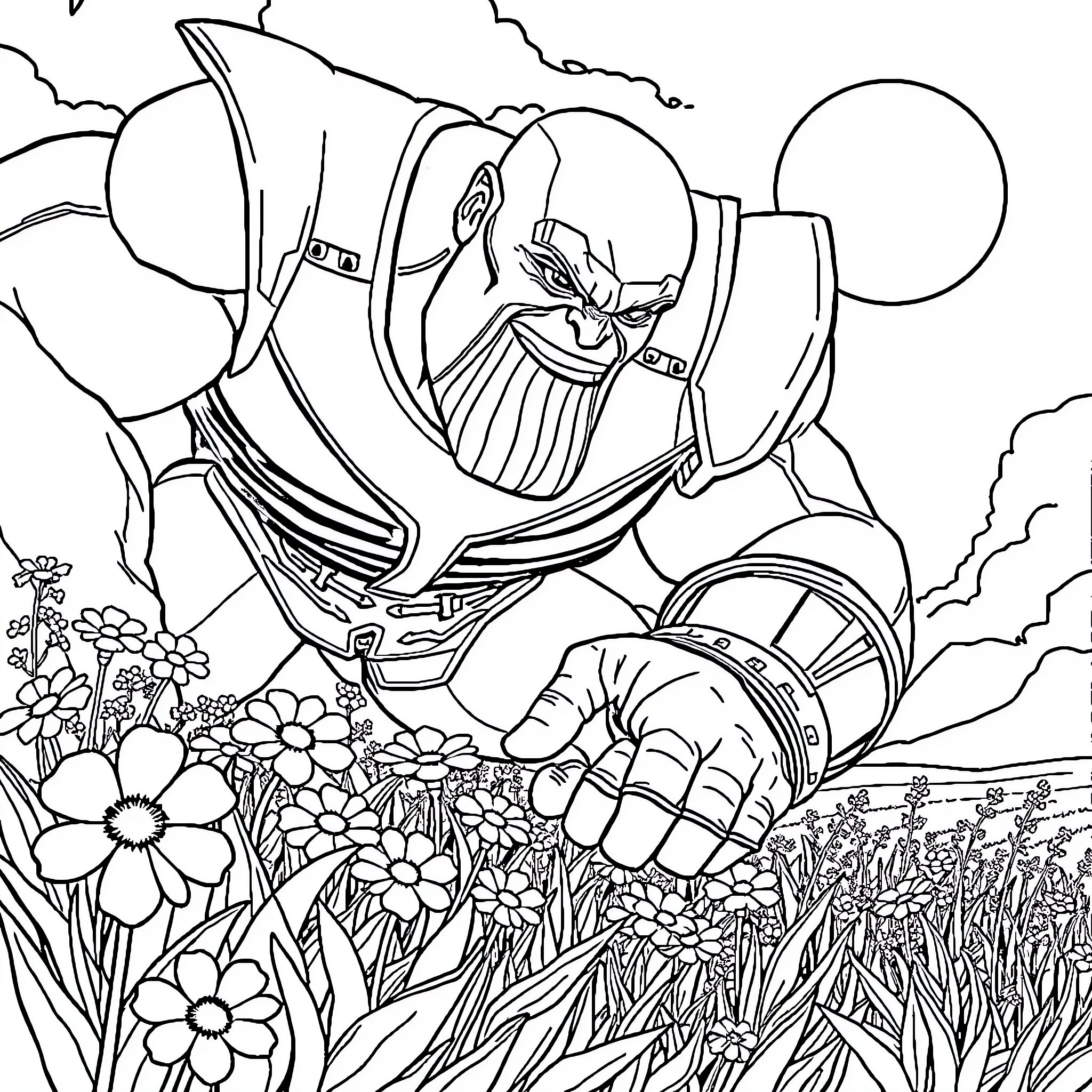 Thanos Wielding His Mighty Gauntlet in Vibrant Nature Coloring Page (free black-and-white line drawing printable PDF for all, from beginners to advanced learners, including children, teens, adults, and seniors)