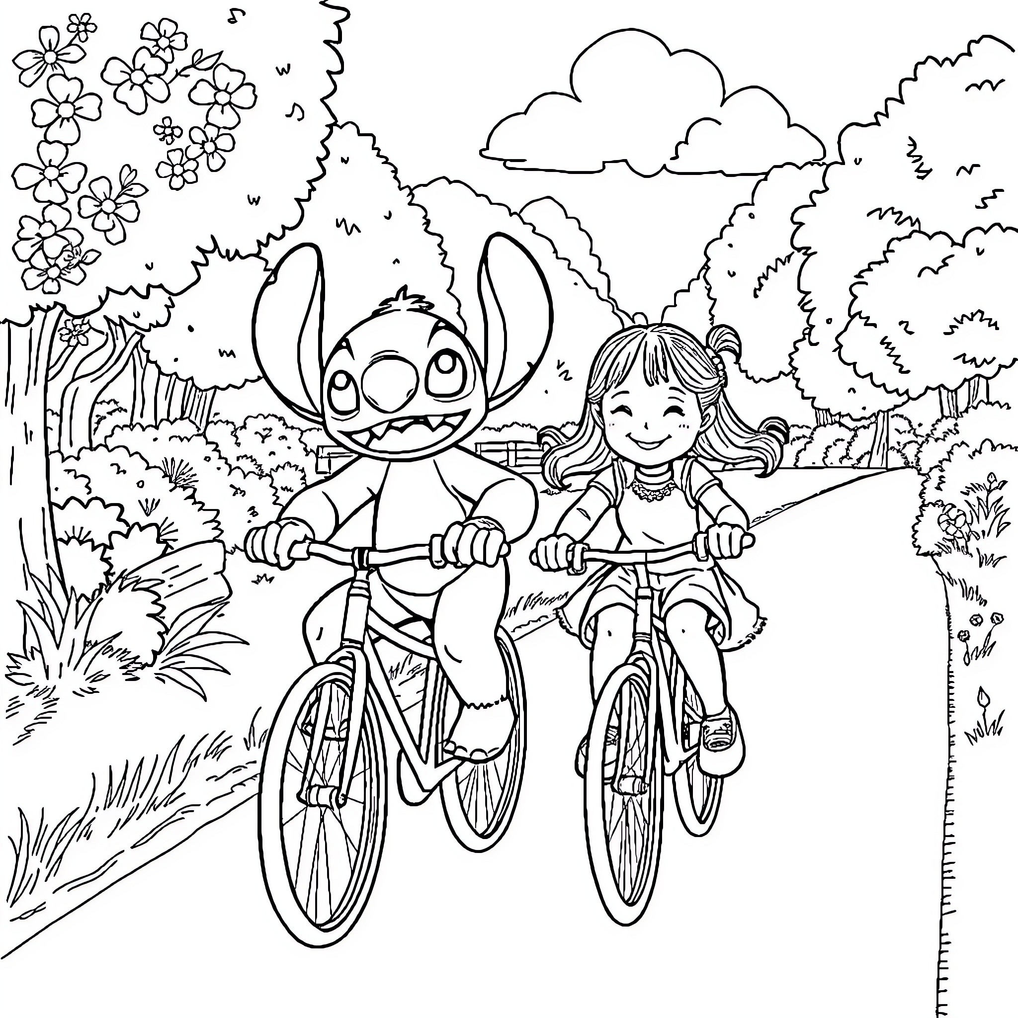 Stitch and Girl Biking Through a Floral Landscape Coloring Page (free black-and-white line drawing printable PDF for all, from beginners to advanced learners, including children, teens, adults, and seniors)