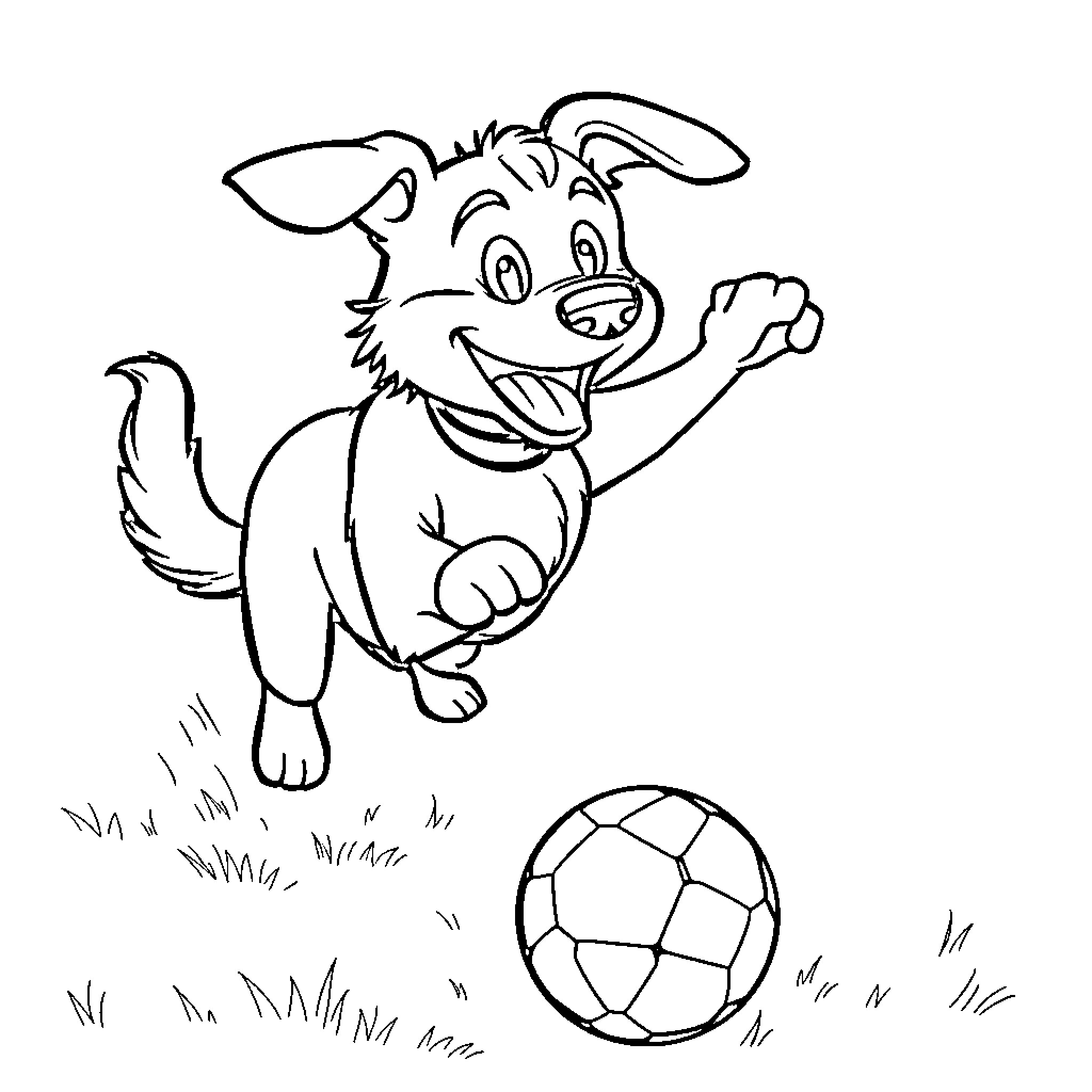 Dog playing with soccer ball in the field Coloring Page (free black-and-white line drawing printable PDF for all, from beginners to advanced learners, including children, teens, adults, and seniors)