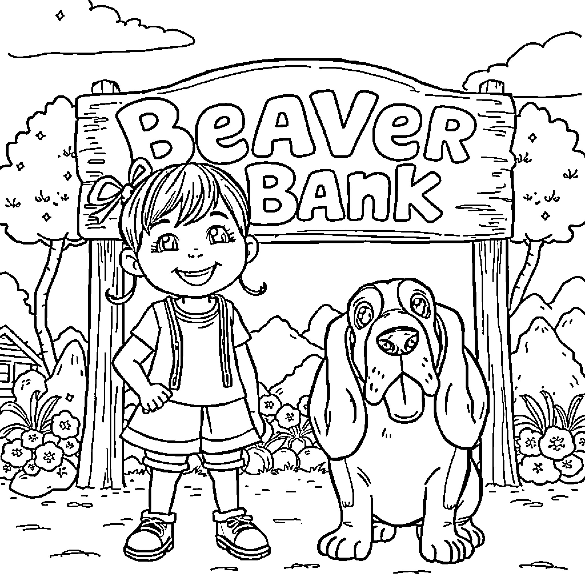 Girl and her Playful Companion at Beaver Bank Coloring Page (free black-and-white line drawing printable PDF for all, from beginners to advanced learners, including children, teens, adults, and seniors)