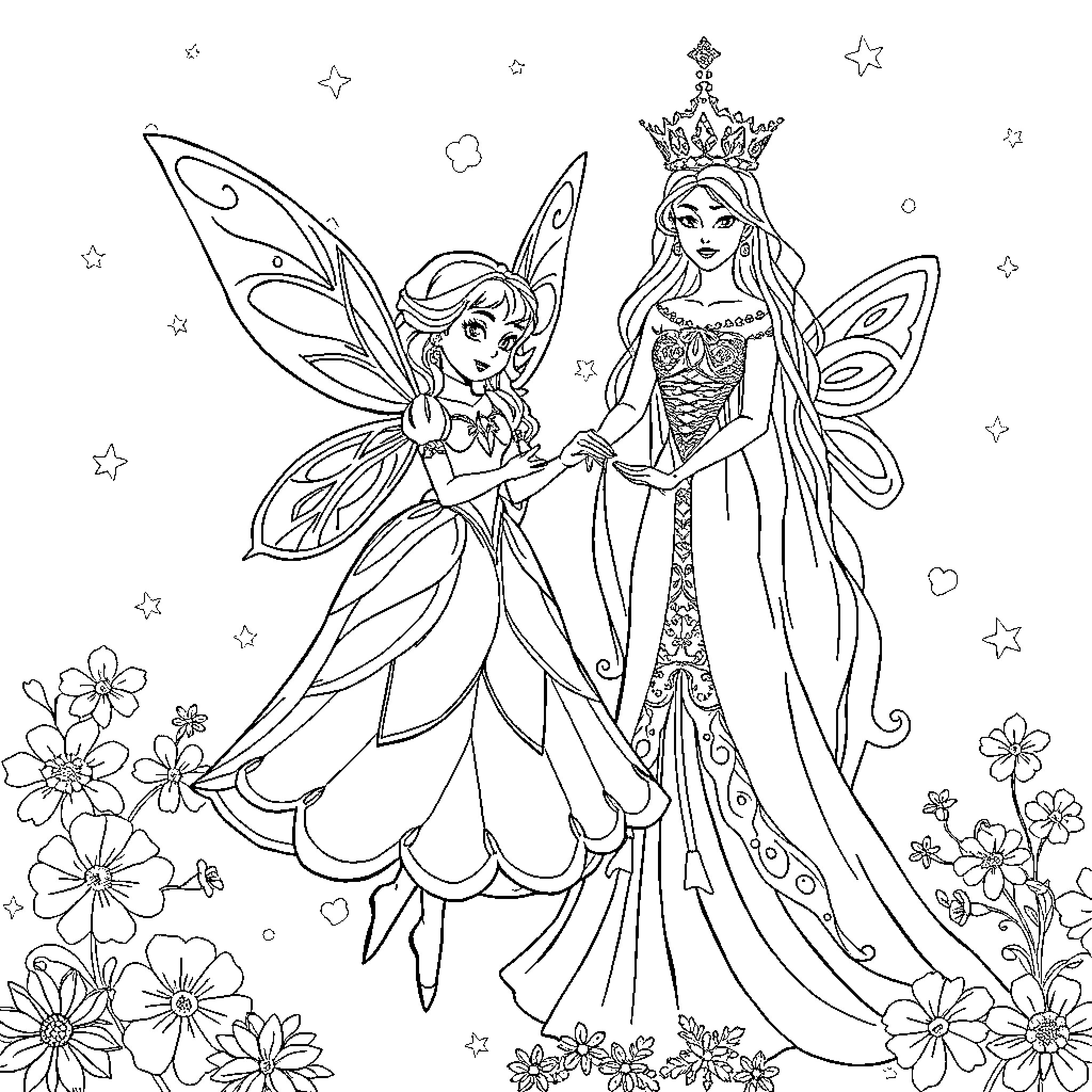 Fairy Princesses in Magical Garden Coloring Page (free black-and-white line drawing printable PDF for all, from beginners to advanced learners, including children, teens, adults, and seniors)