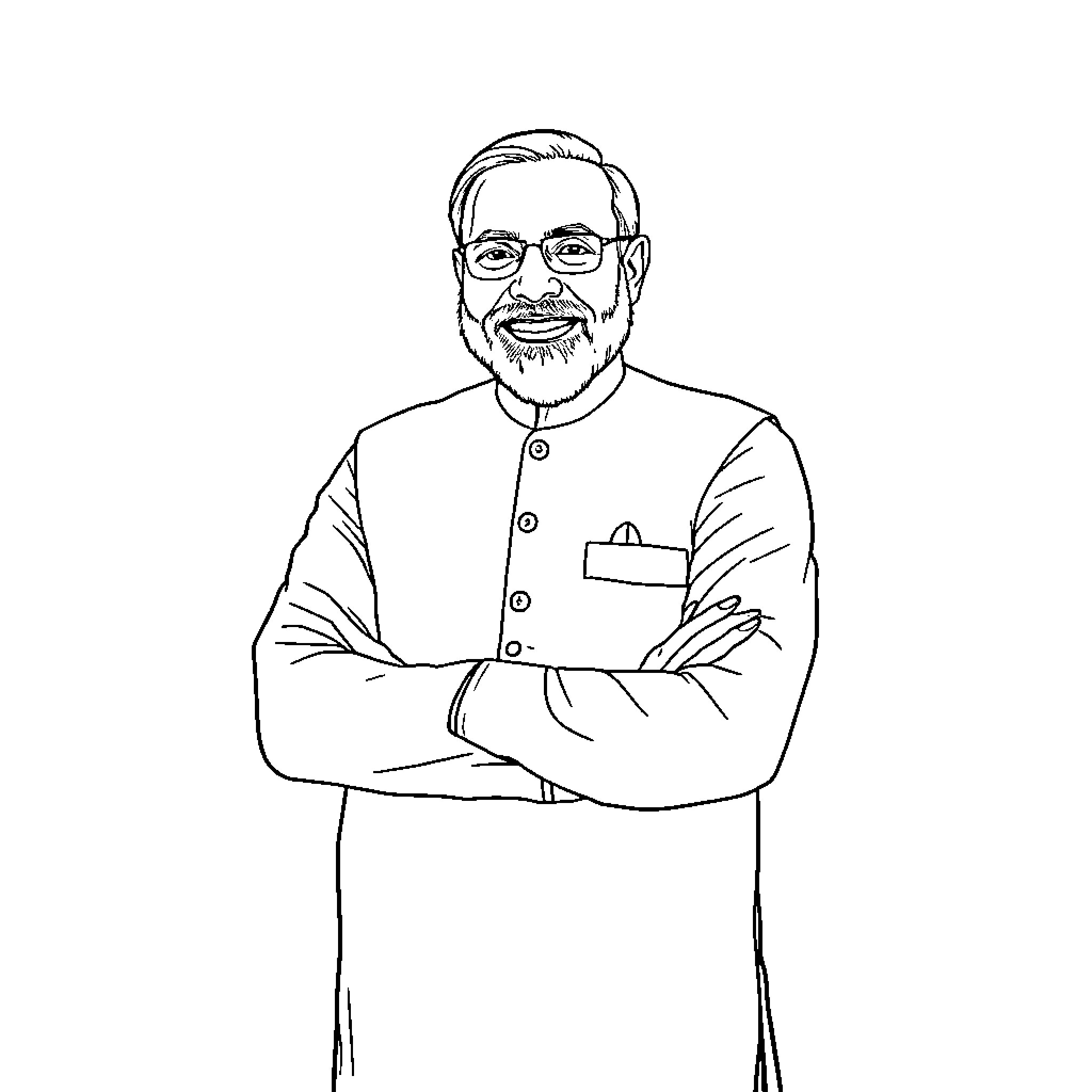 Narendra Modi in formal attire with arms crossed Coloring Page (free black-and-white line drawing printable PDF for all, from beginners to advanced learners, including children, teens, adults, and seniors)