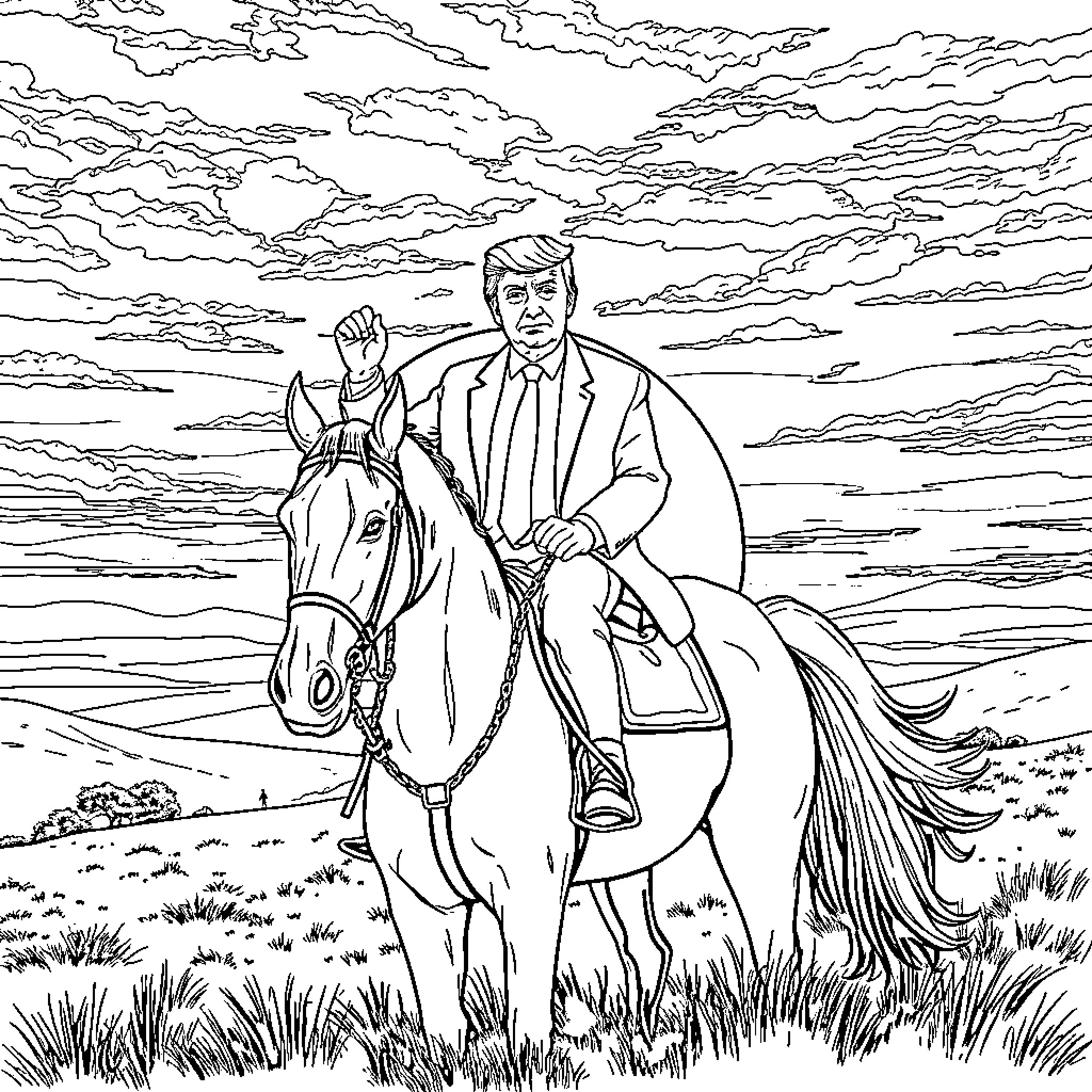 Trump riding on horseback in a scenic landscape Coloring Page (free black-and-white line drawing printable PDF for all, from beginners to advanced learners, including children, teens, adults, and seniors)