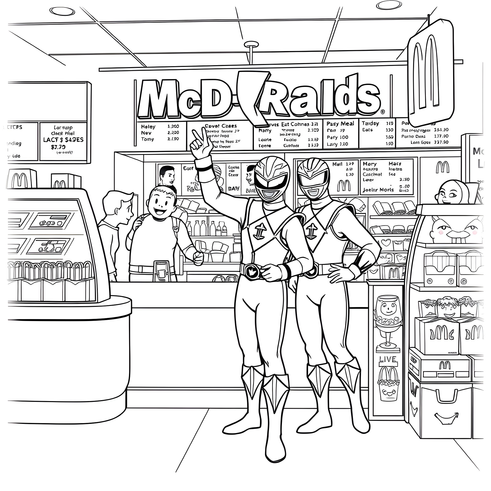 Power Rangers on Grocery Store Mission Coloring Page (free black-and-white line drawing printable PDF for all, from beginners to advanced learners, including children, teens, adults, and seniors)