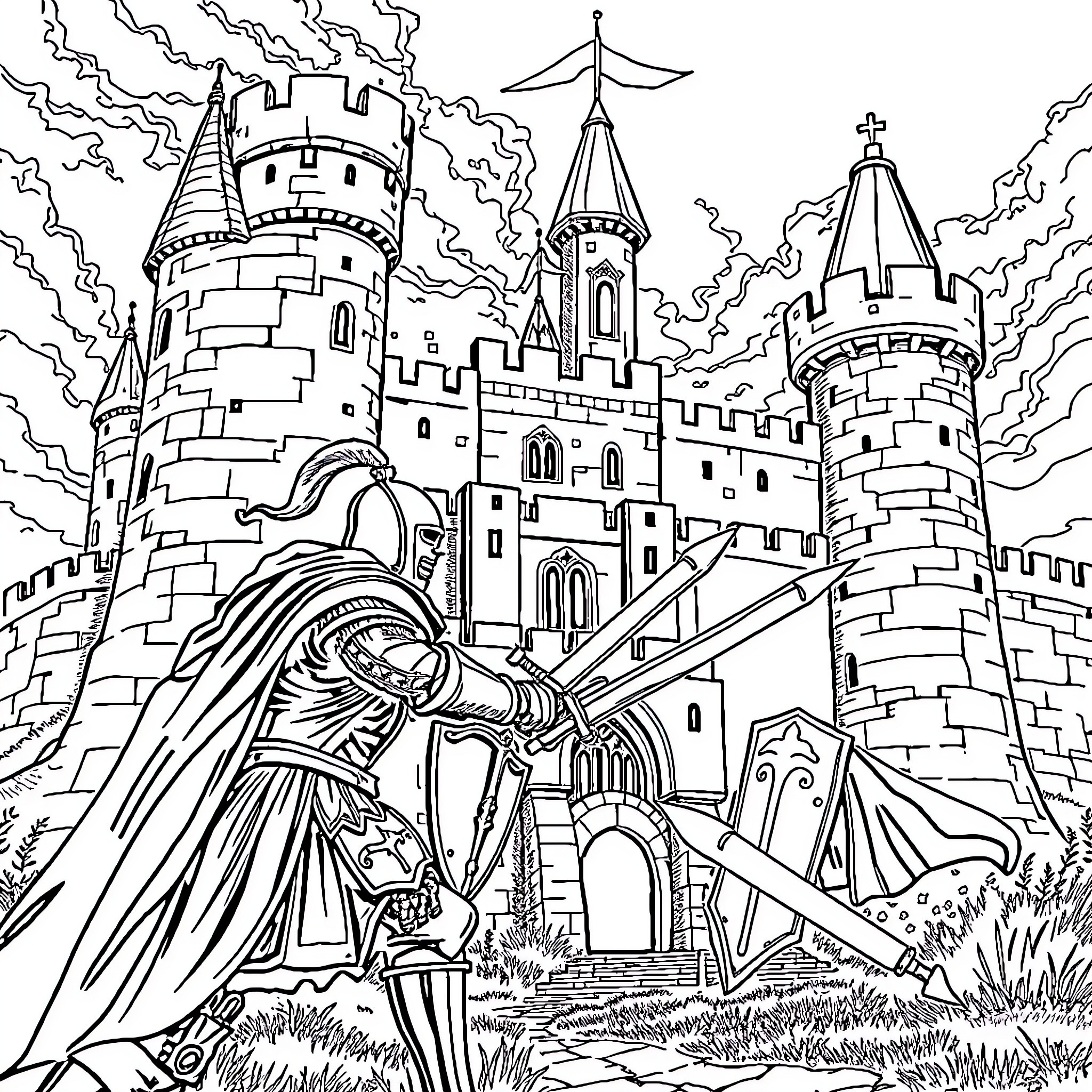 Castle of knights and medieval architecture Coloring Page (free black-and-white line drawing printable PDF for all, from beginners to advanced learners, including children, teens, adults, and seniors)