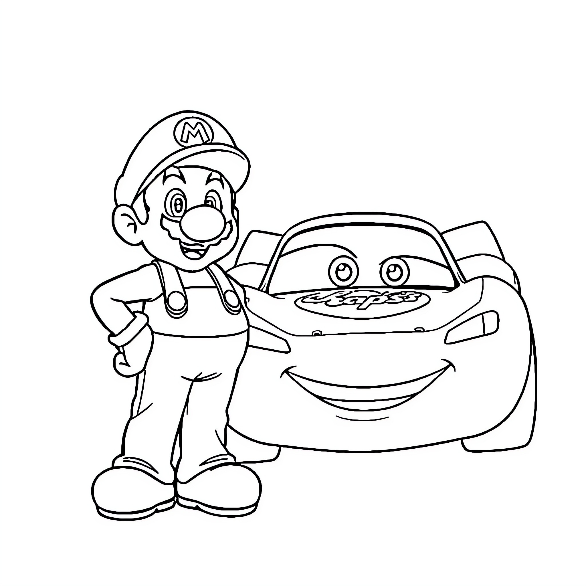 Mario fixing Lightning McQueen's car Coloring Page (free black-and-white line drawing printable PDF for all, from beginners to advanced learners, including children, teens, adults, and seniors)