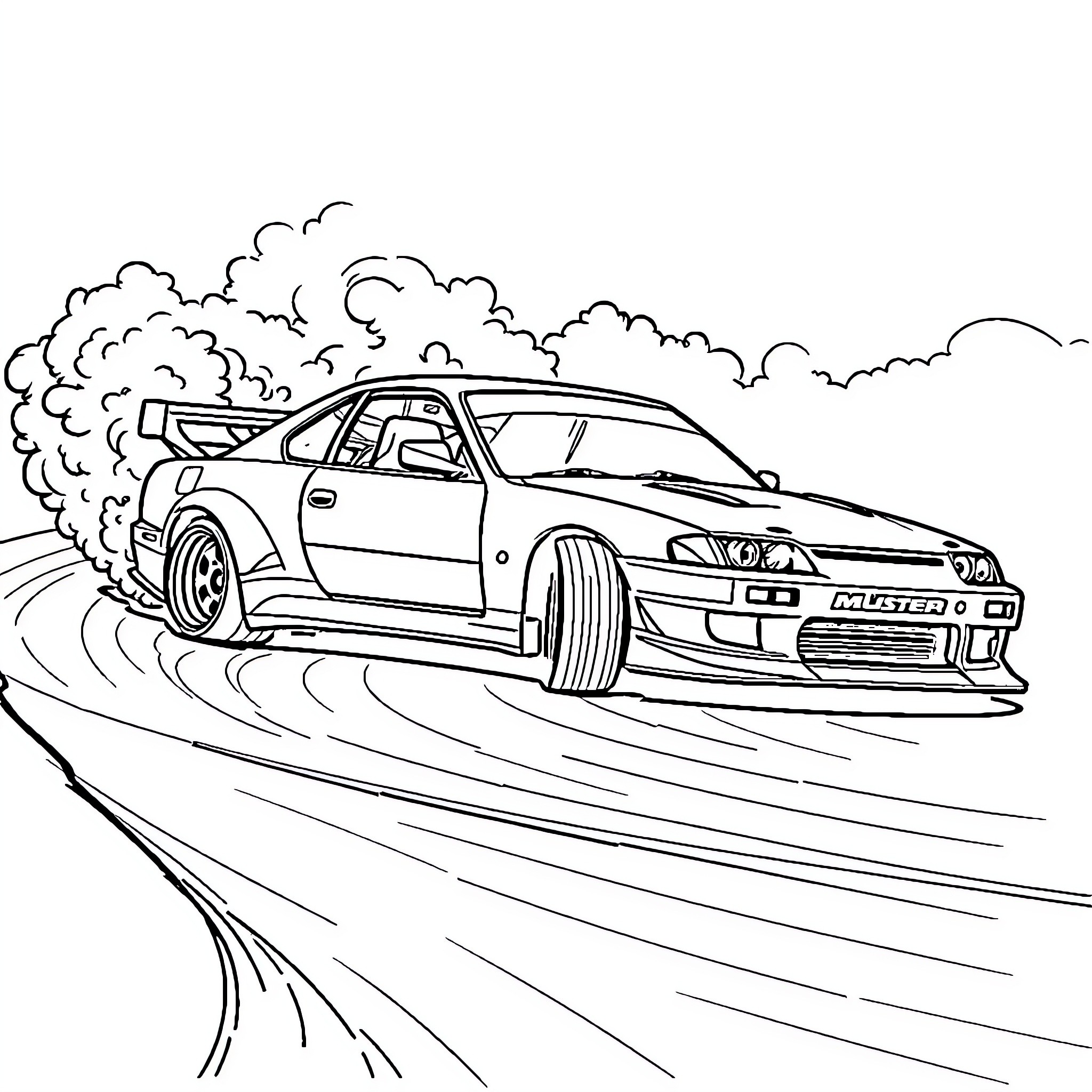 Car racing along winding road Coloring Page (free black-and-white line drawing printable PDF for all, from beginners to advanced learners, including children, teens, adults, and seniors)