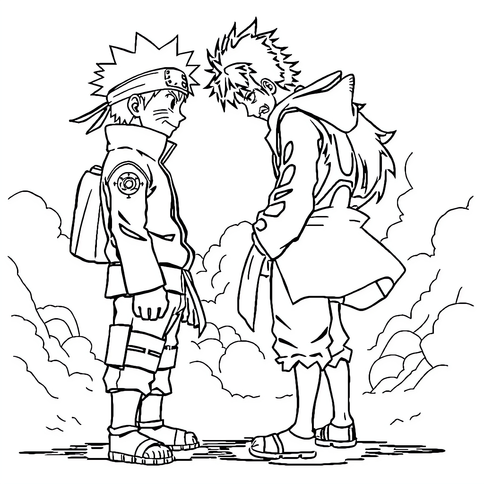 Naruto characters in intense discussion Coloring Page (free black-and-white line drawing printable PDF for all, from beginners to advanced learners, including children, teens, adults, and seniors)