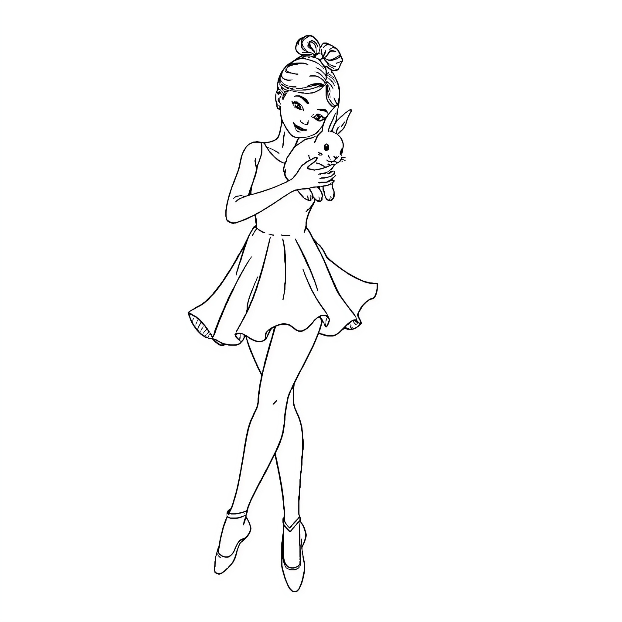 Woman in playful dress holding a bunny Coloring Page (free black-and-white line drawing printable PDF for all, from beginners to advanced learners, including children, teens, adults, and seniors)