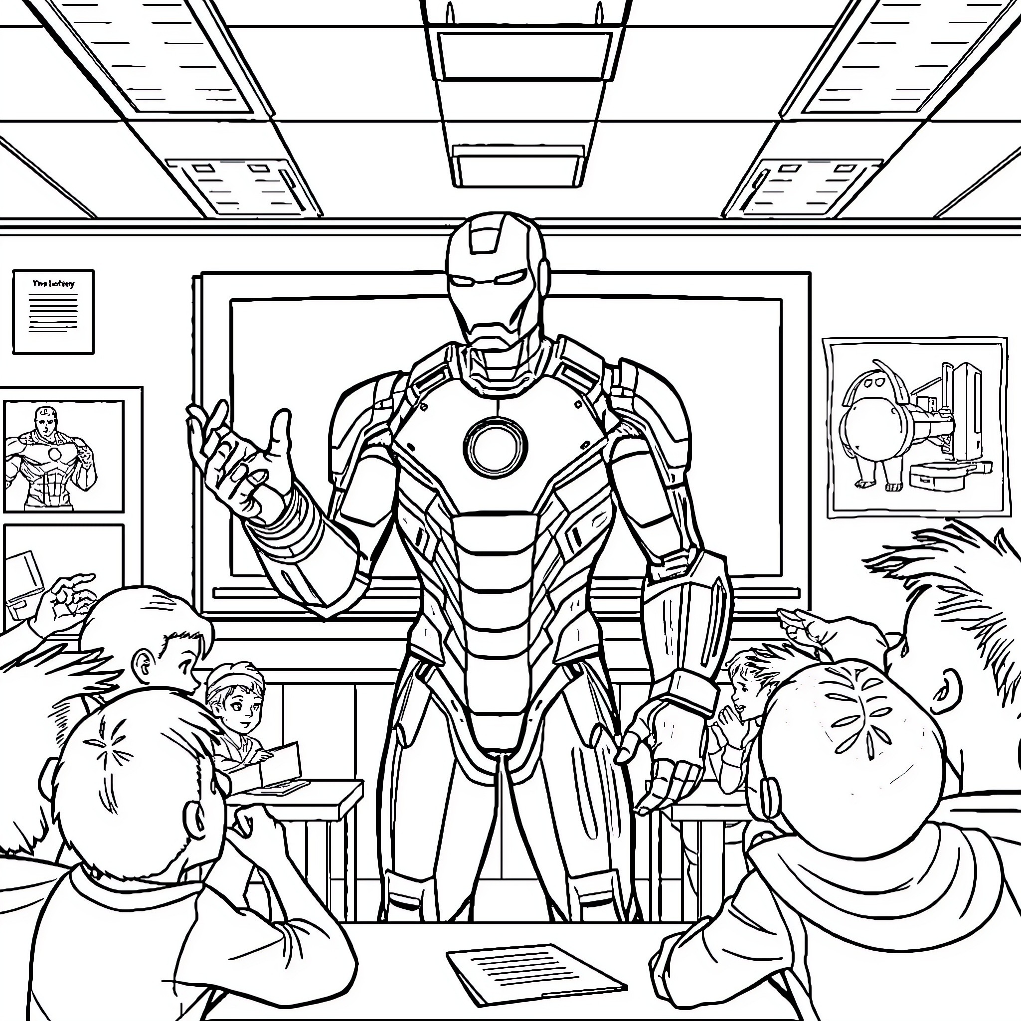 Iron Man Visits Classroom of Excited Students Coloring Page (free black-and-white line drawing printable PDF for all, from beginners to advanced learners, including children, teens, adults, and seniors)