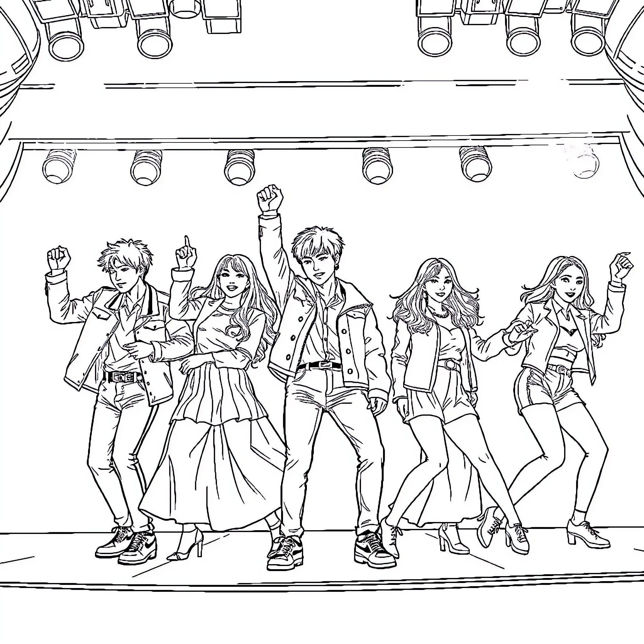 Kpop performers celebrating on stage Coloring Page (free black-and-white line drawing printable PDF for all, from beginners to advanced learners, including children, teens, adults, and seniors)