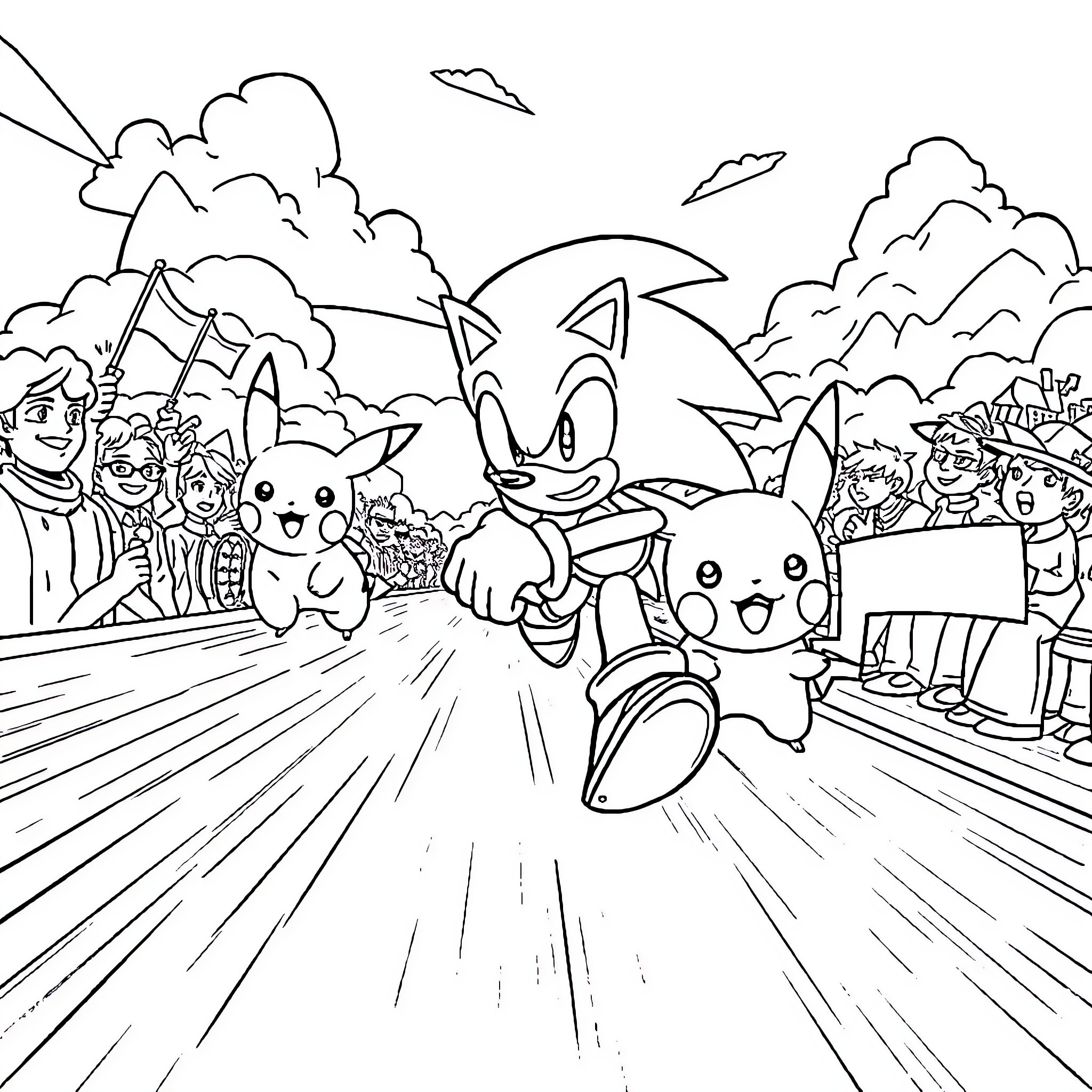 Sonic and friends on an exciting adventure Coloring Page (free black-and-white line drawing printable PDF for all, from beginners to advanced learners, including children, teens, adults, and seniors)