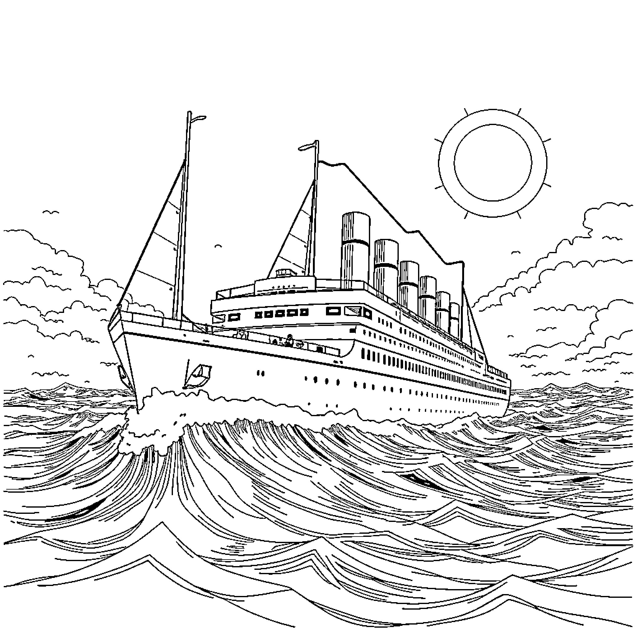 Titanic ship sailing across the stormy sea Coloring Page (free black-and-white line drawing printable PDF for all, from beginners to advanced learners, including children, teens, adults, and seniors)