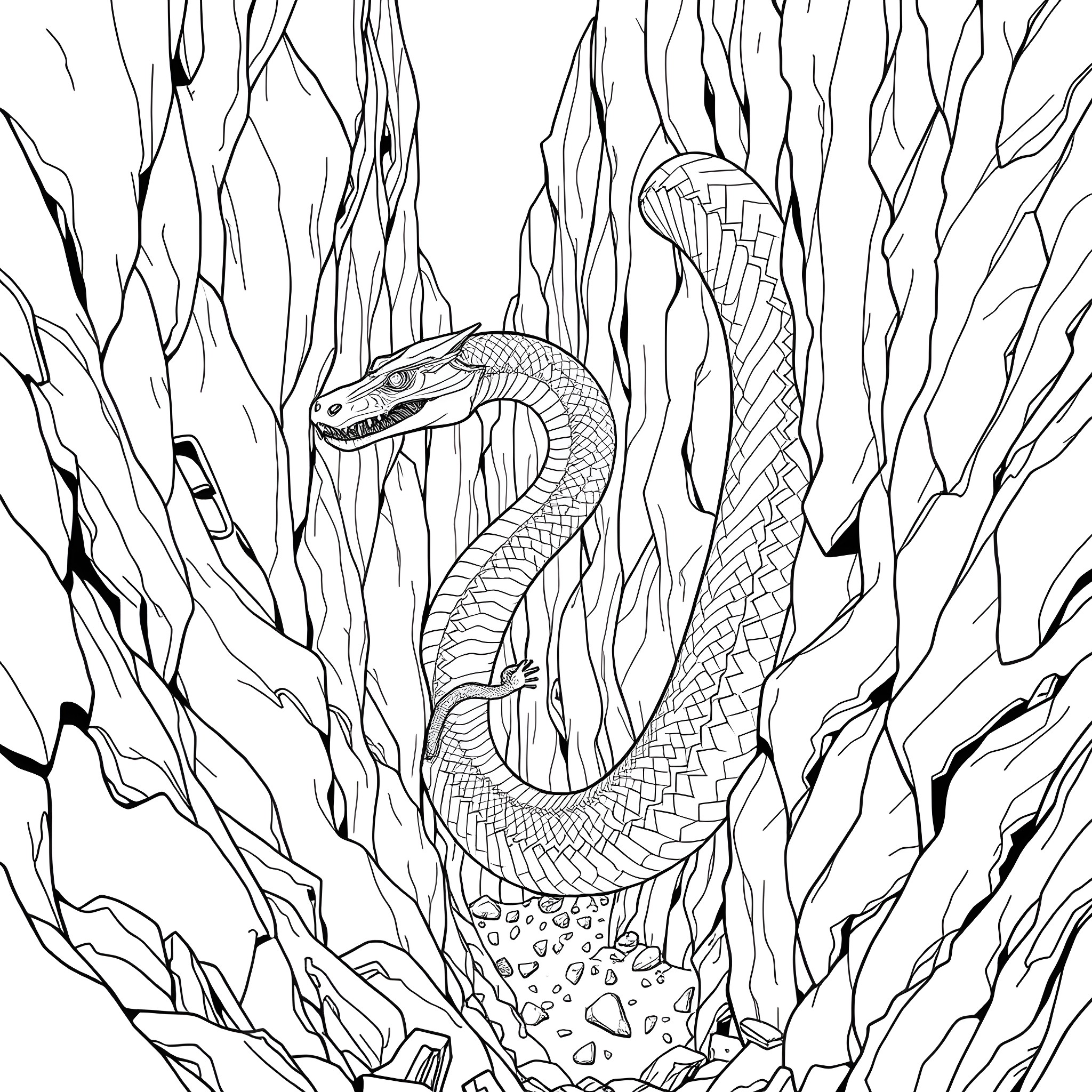 Uktena snake's serpentine dance in the wild Coloring Page (free black-and-white line drawing printable PDF for all, from beginners to advanced learners, including children, teens, adults, and seniors)