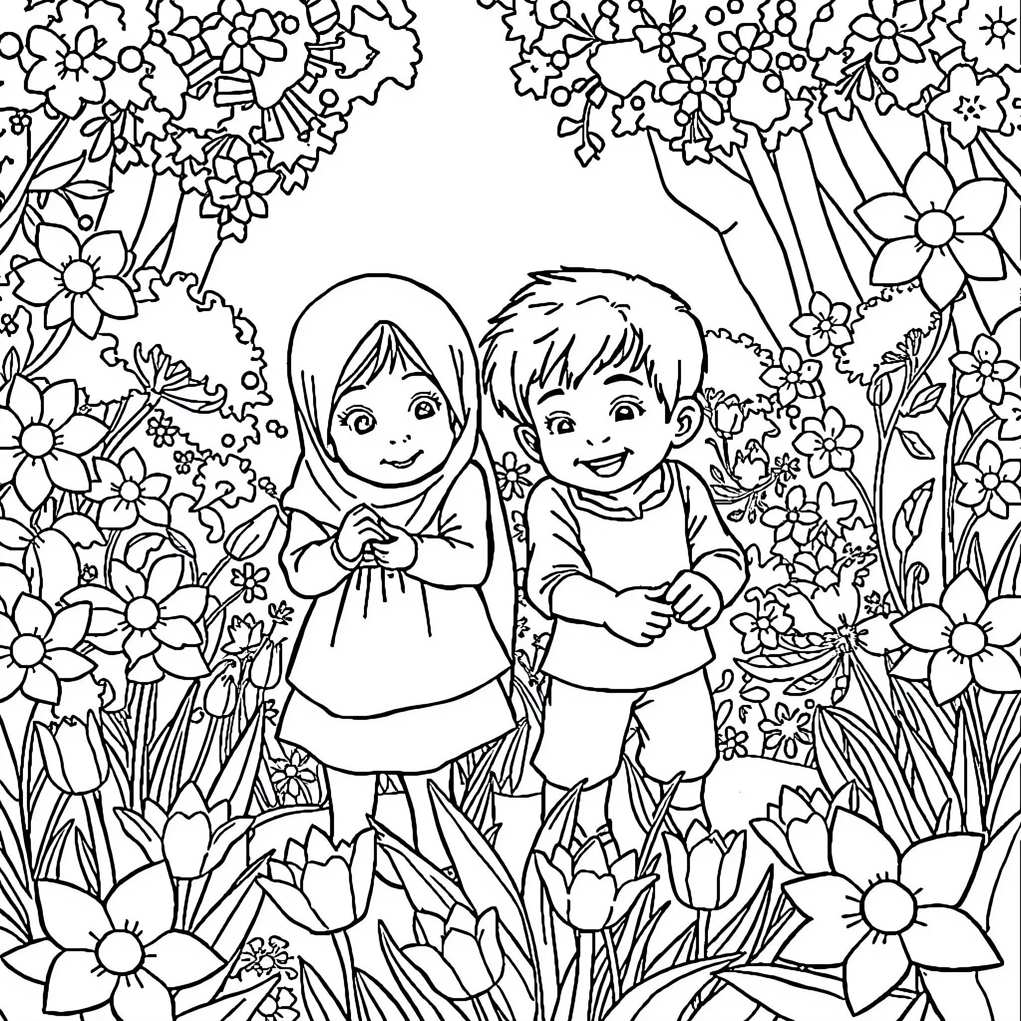 Child exploring a vibrant floral garden Coloring Page (free black-and-white line drawing printable PDF for all, from beginners to advanced learners, including children, teens, adults, and seniors)