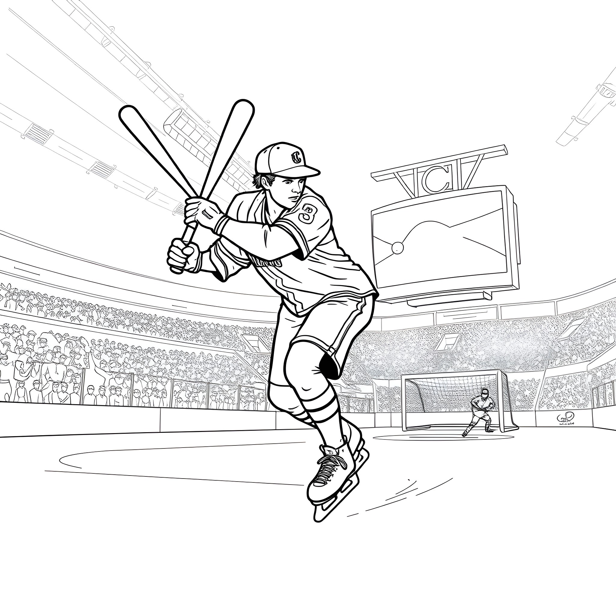 Baseball Player Batting in Stadium Coloring Page (free black-and-white line drawing printable PDF for all, from beginners to advanced learners, including children, teens, adults, and seniors)