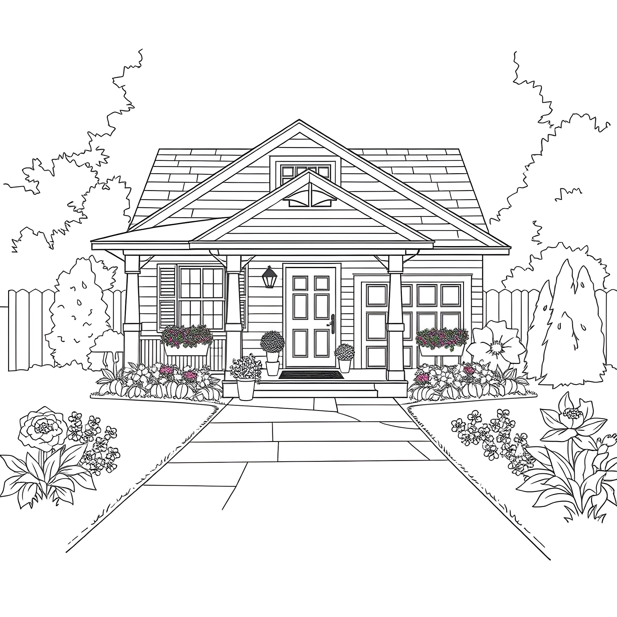 Bungalow with flower-lined path and porch Coloring Page (free black-and-white line drawing printable PDF for all, from beginners to advanced learners, including children, teens, adults, and seniors)