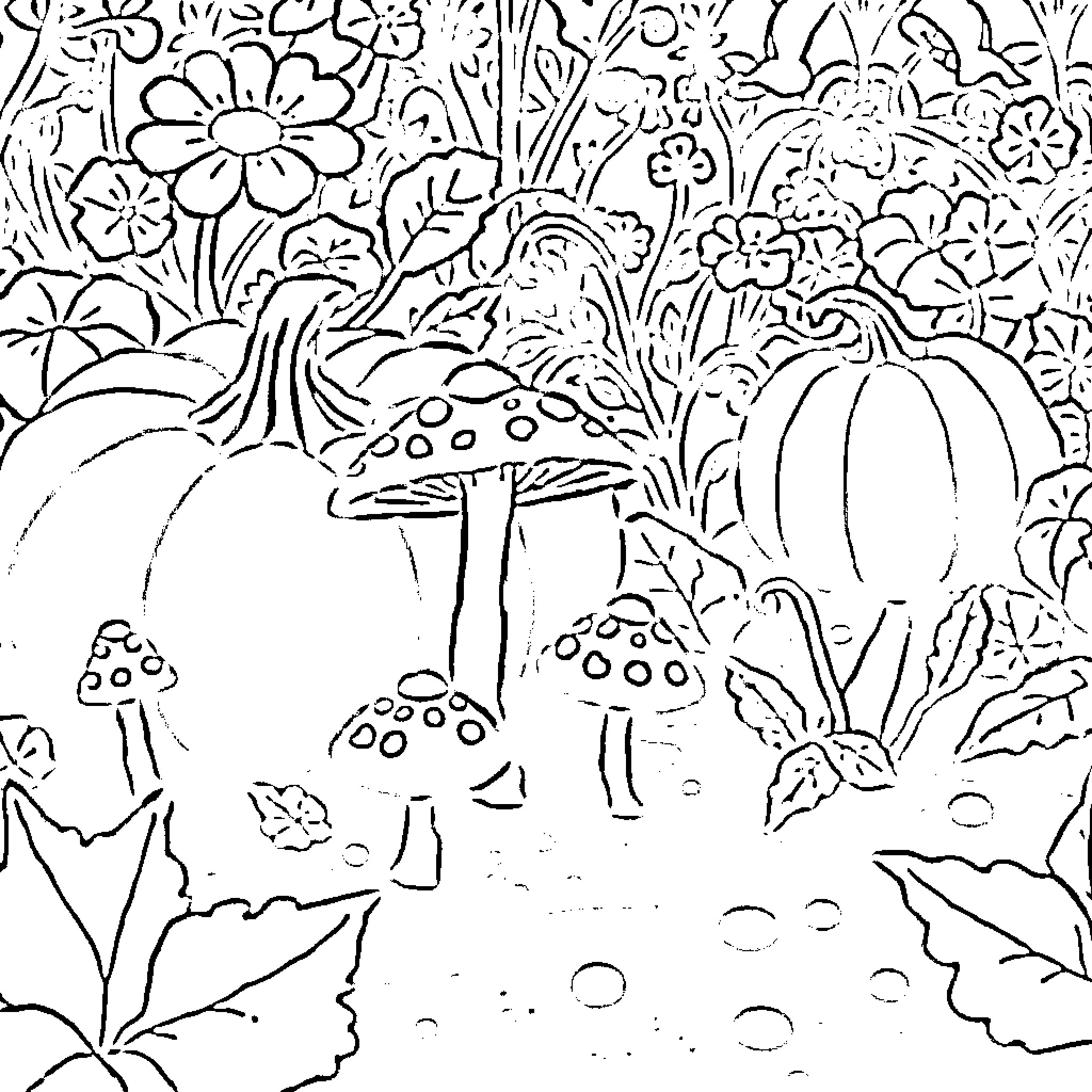 Mushroom Fantasy Garden Scene Coloring Page (free black-and-white line drawing printable PDF for all, from beginners to advanced learners, including children, teens, adults, and seniors)
