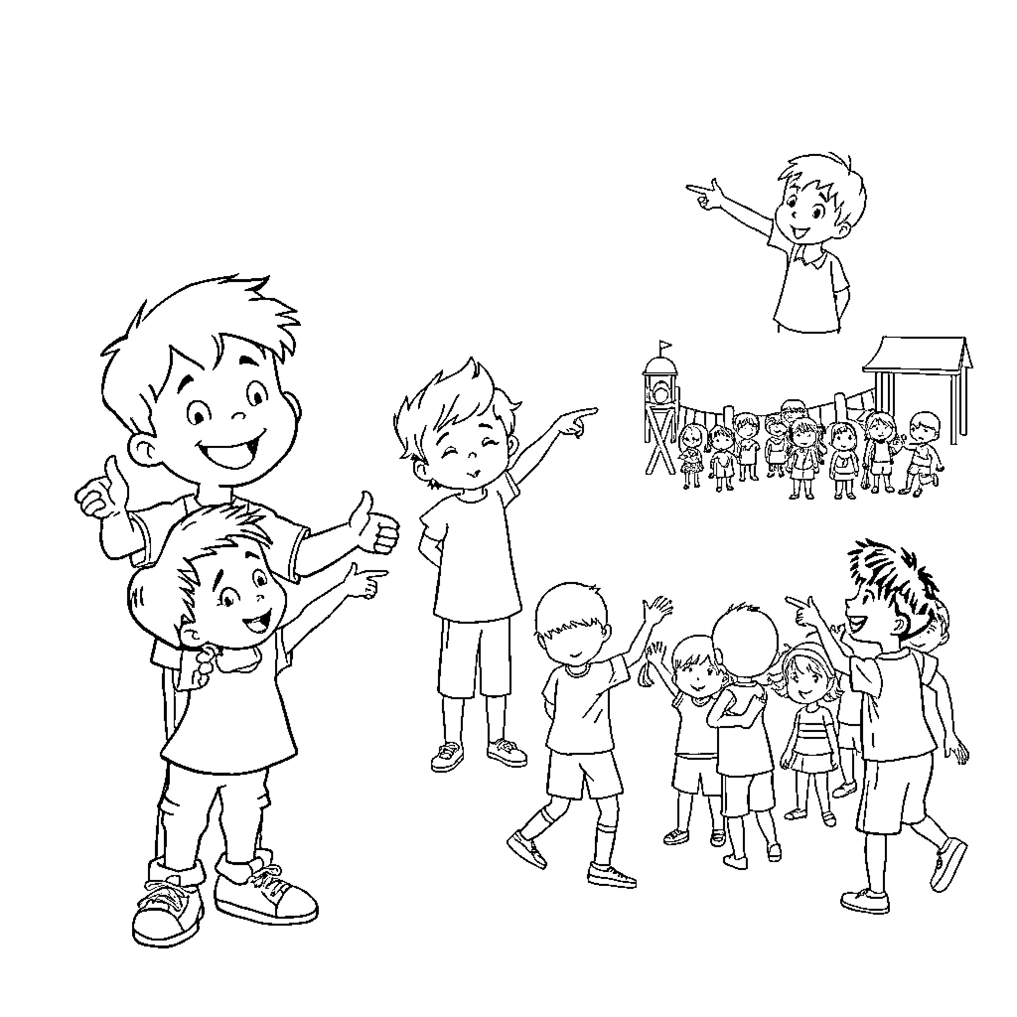 Child playing and celebrating with friends at school Coloring Page (free black-and-white line drawing printable PDF for all, from beginners to advanced learners, including children, teens, adults, and seniors)