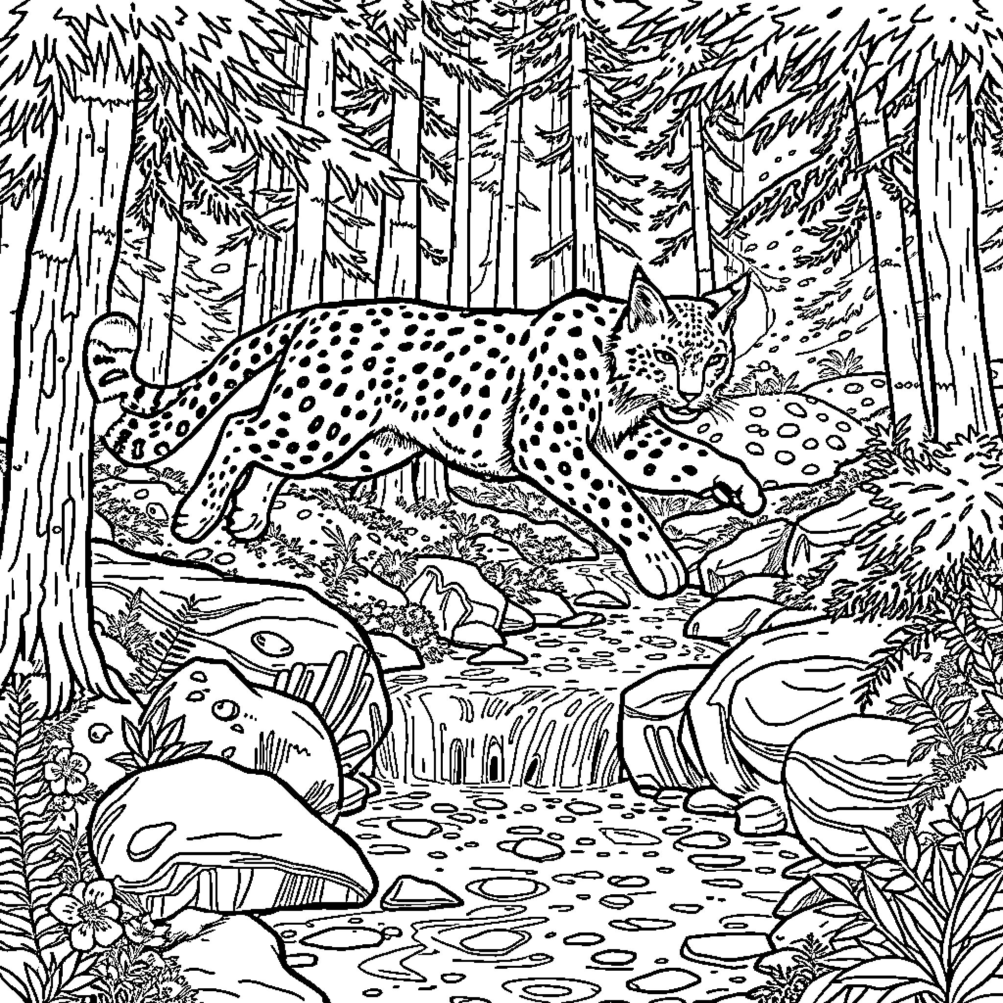 Lynx stalking through the enchanted forest Coloring Page (free black-and-white line drawing printable PDF for all, from beginners to advanced learners, including children, teens, adults, and seniors)