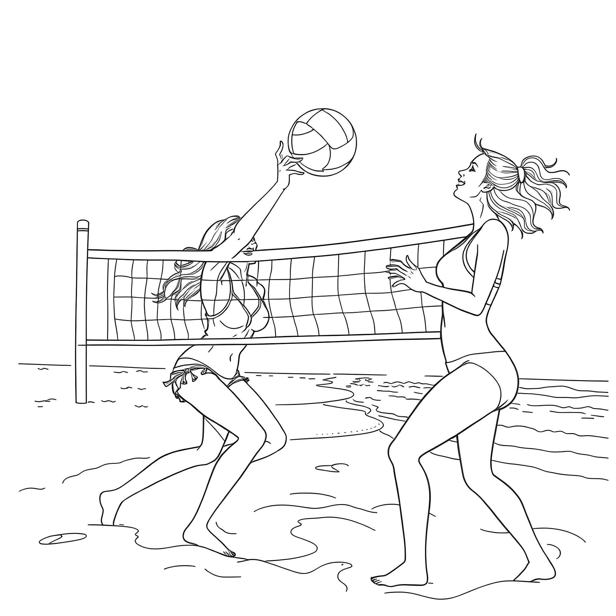 Woman playing volleyball on the beach Coloring Page (free black-and-white line drawing printable PDF for all, from beginners to advanced learners, including children, teens, adults, and seniors)