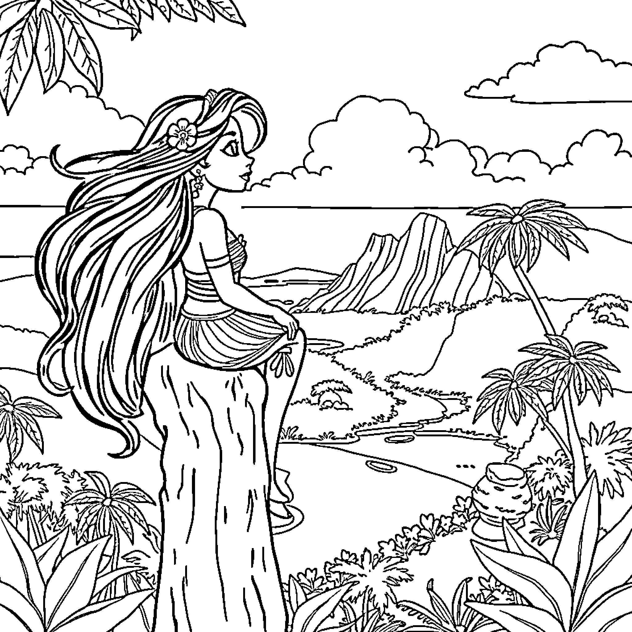 Vaiana looking out over a tropical island landscape Coloring Page (free black-and-white line drawing printable PDF for all, from beginners to advanced learners, including children, teens, adults, and seniors)