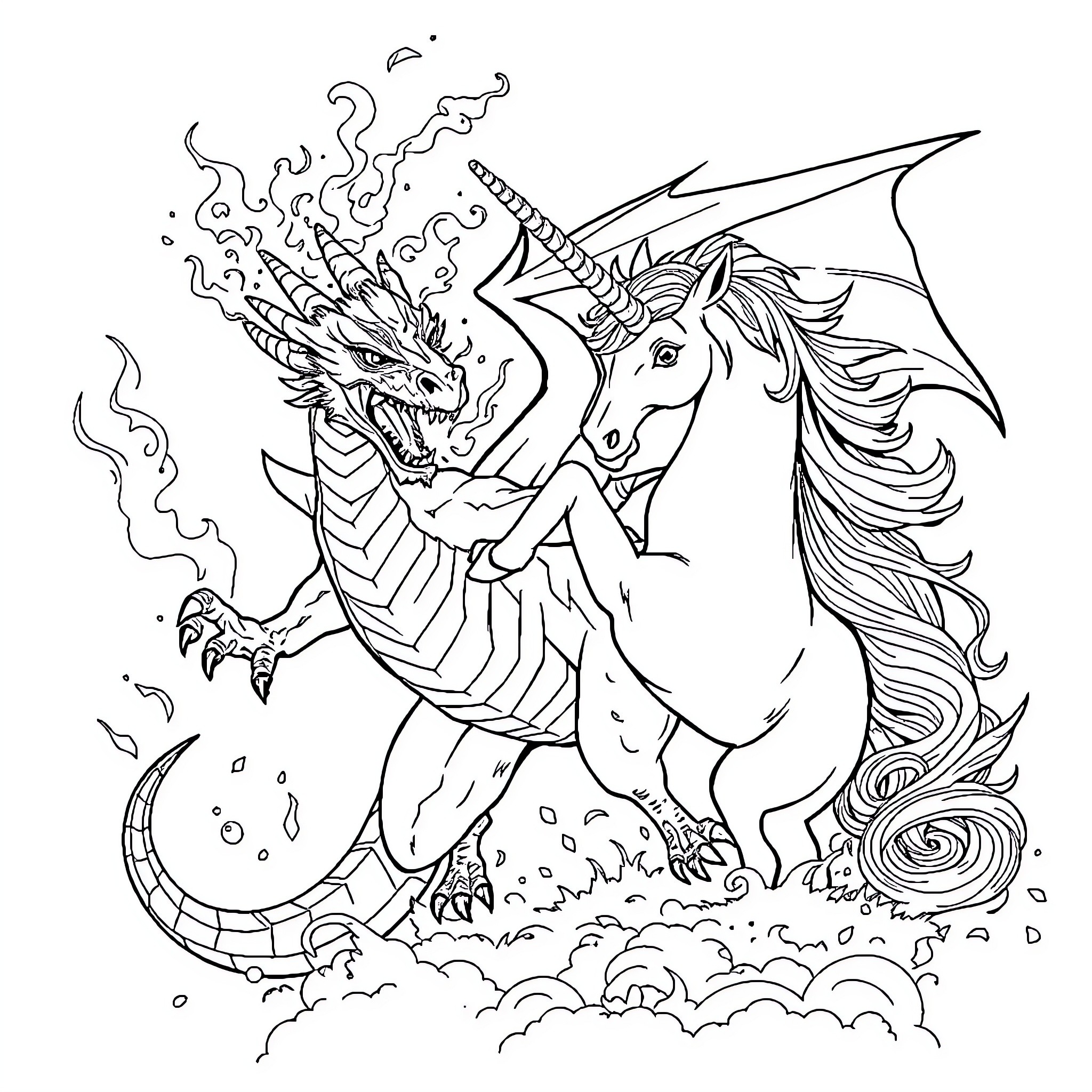 Dragon riding a majestic unicorn in a fantastical scene Coloring Page (free black-and-white line drawing printable PDF for all, from beginners to advanced learners, including children, teens, adults, and seniors)