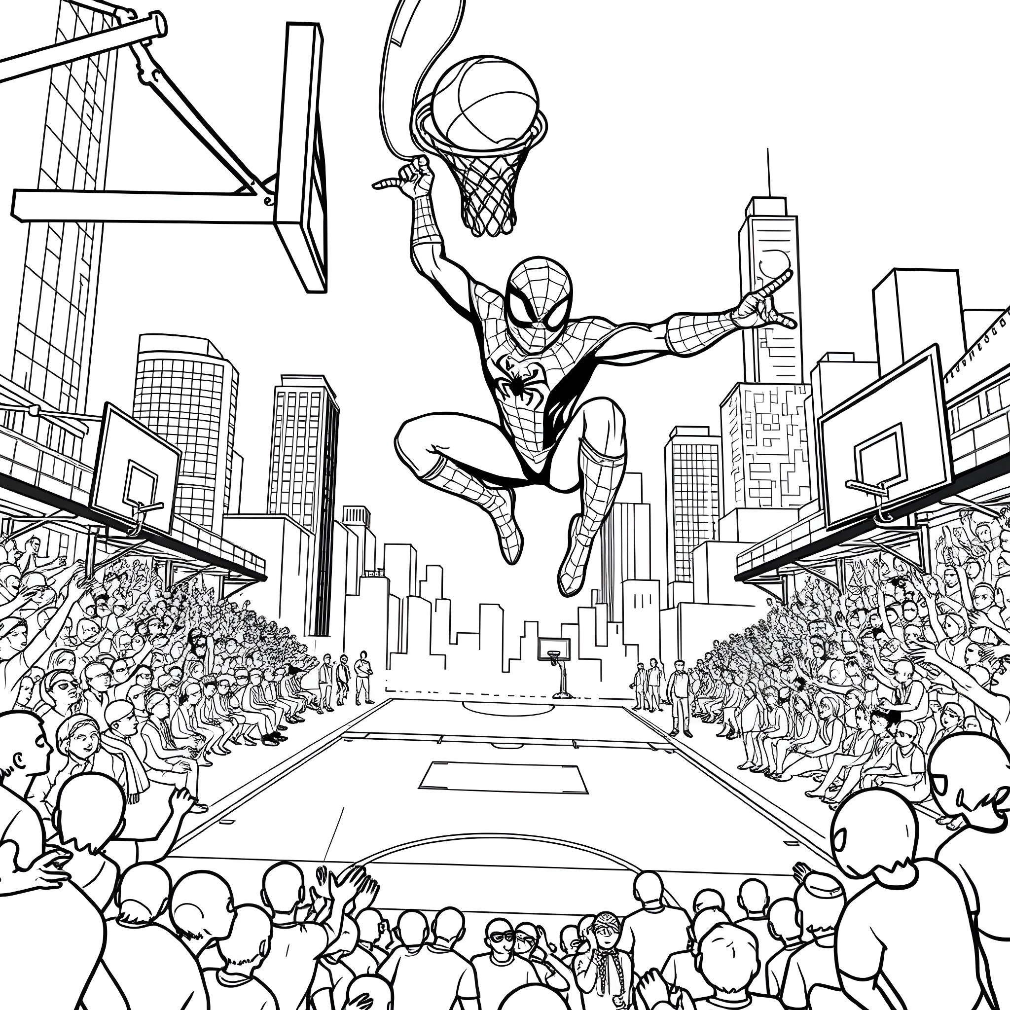 Spiderman performs daring acrobatics in front of cheering crowd Coloring Page (free black-and-white line drawing printable PDF for all, from beginners to advanced learners, including children, teens, adults, and seniors)