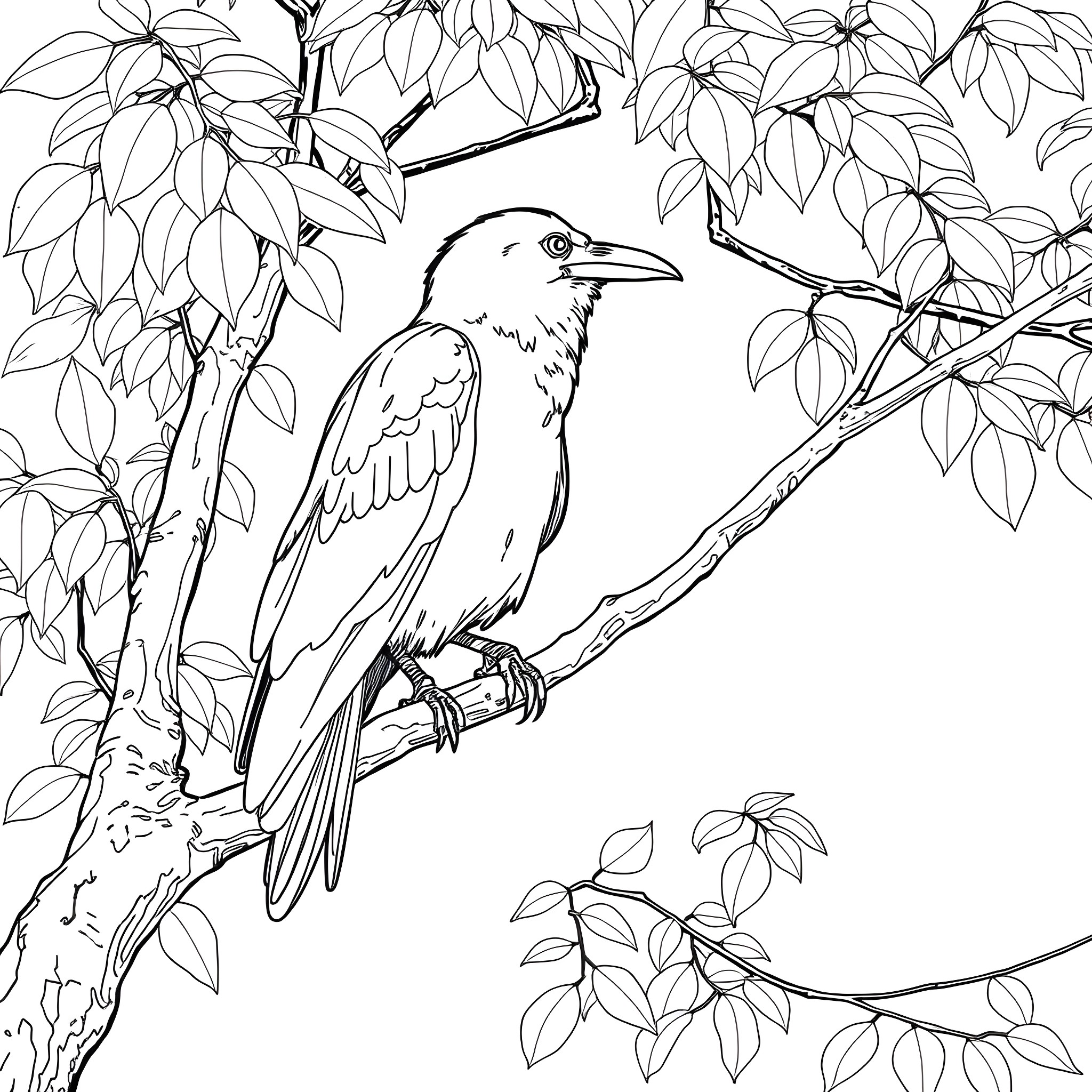 Crow perched on a branch surrounded by foliage Coloring Page (free black-and-white line drawing printable PDF for all, from beginners to advanced learners, including children, teens, adults, and seniors)