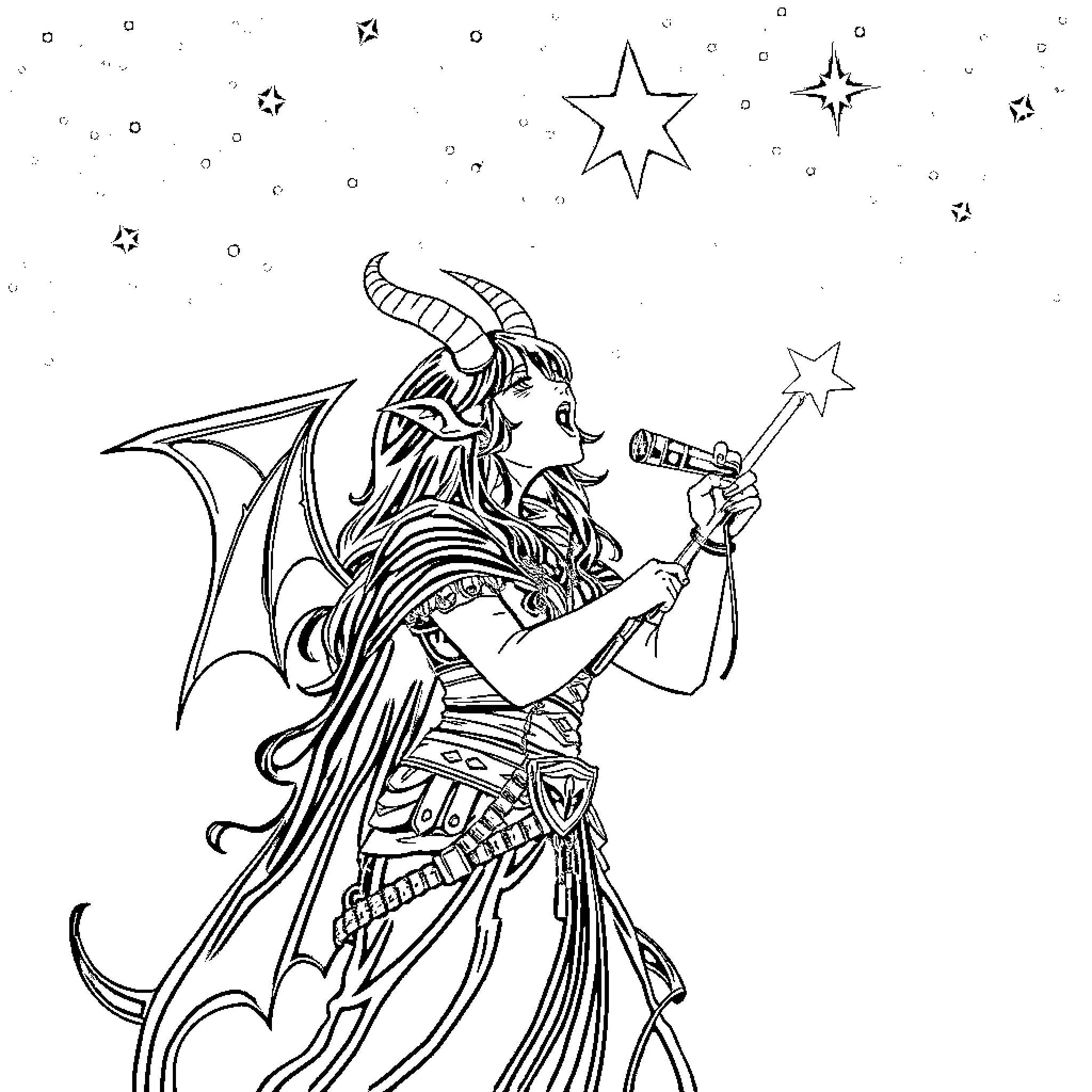Mira conjuring stars in the night sky Coloring Page (free black-and-white line drawing printable PDF for all, from beginners to advanced learners, including children, teens, adults, and seniors)