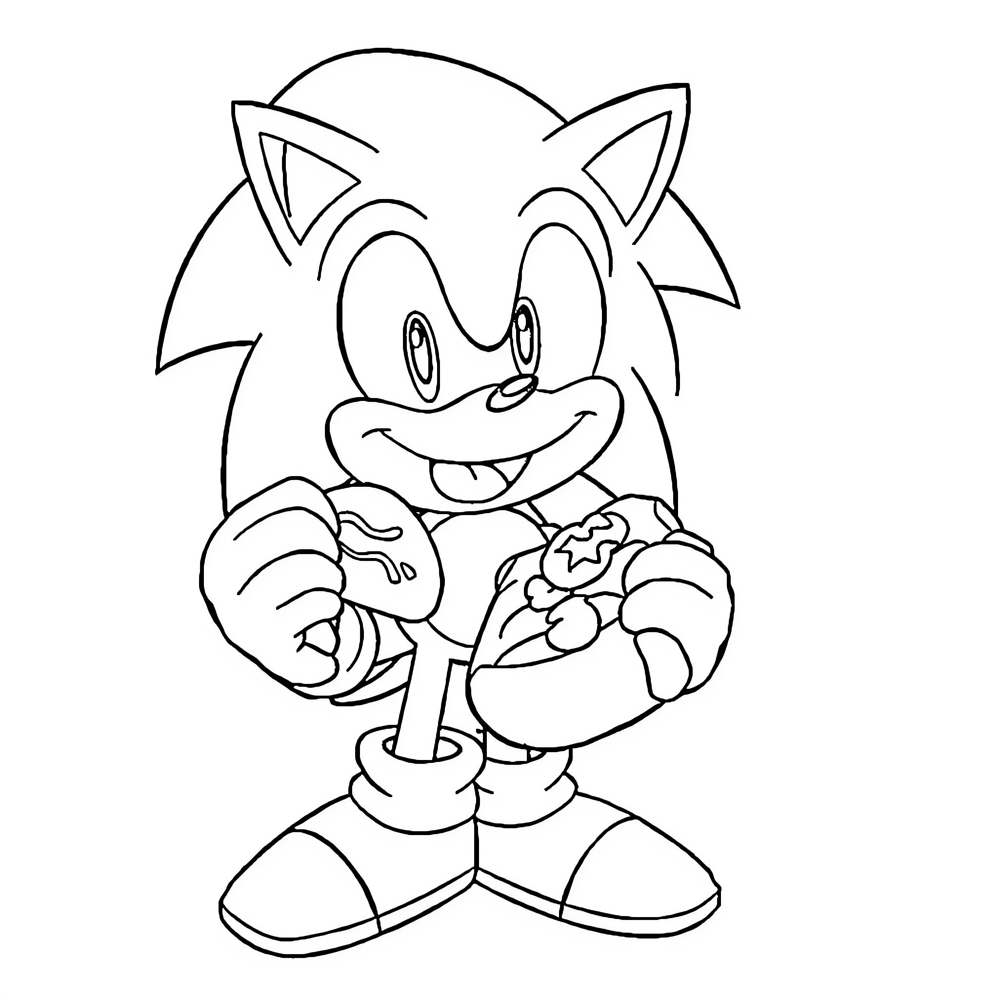 Sonic the Hedgehog posing happily with a flower Coloring Page (free black-and-white line drawing printable PDF for all, from beginners to advanced learners, including children, teens, adults, and seniors)