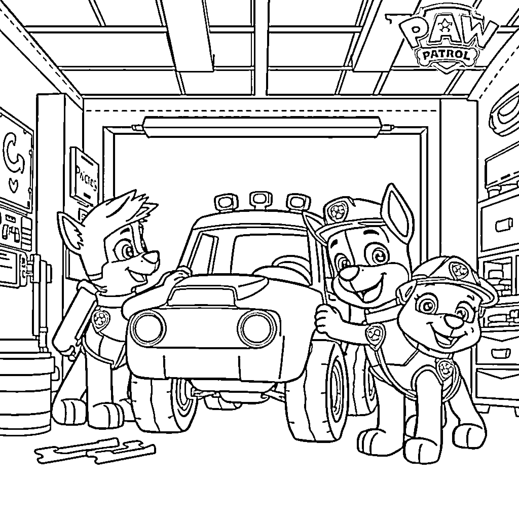 Paw Patrol characters in their garage setting Coloring Page (free black-and-white line drawing printable PDF for all, from beginners to advanced learners, including children, teens, adults, and seniors)