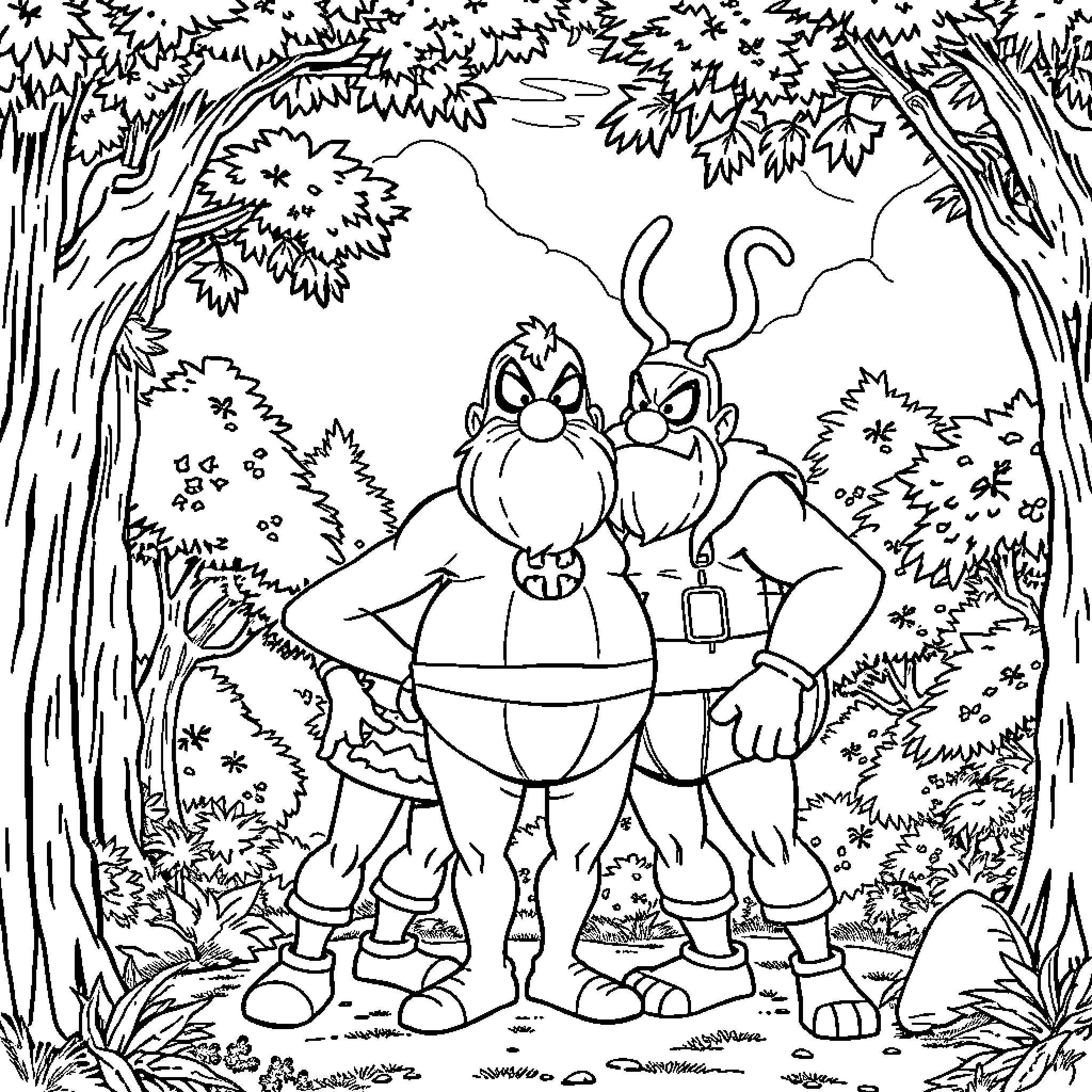 Obelix and Asterix in the Enchanted Forest Coloring Page (free black-and-white line drawing printable PDF for all, from beginners to advanced learners, including children, teens, adults, and seniors)