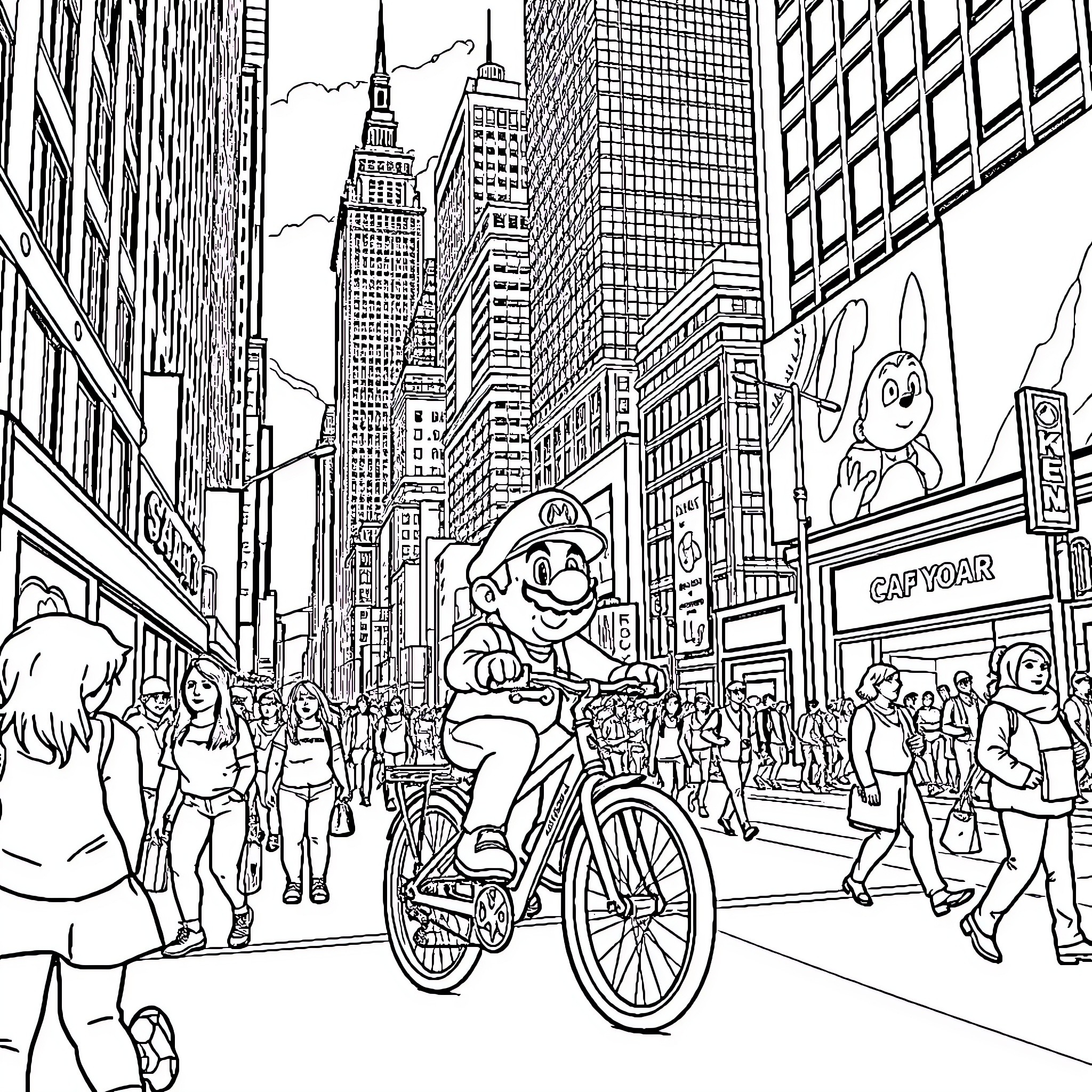 Mario's City Adventure on Bicycle Coloring Page (free black-and-white line drawing printable PDF for all, from beginners to advanced learners, including children, teens, adults, and seniors)