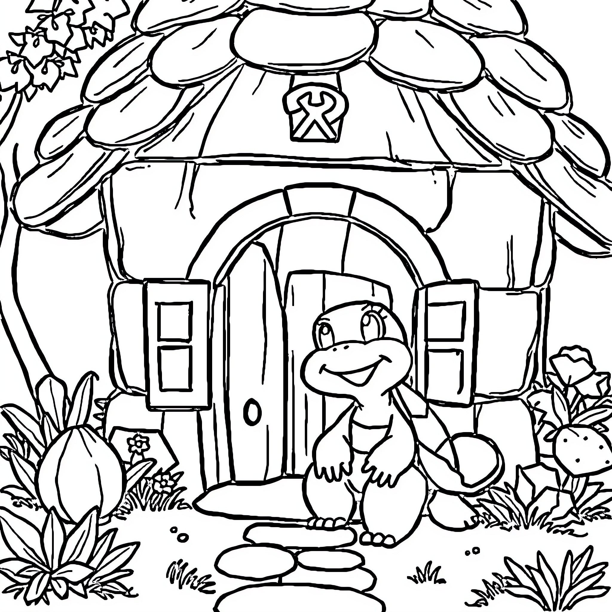 Turtle sitting happily in a cozy cottage Coloring Page (free black-and-white line drawing printable PDF for all, from beginners to advanced learners, including children, teens, adults, and seniors)