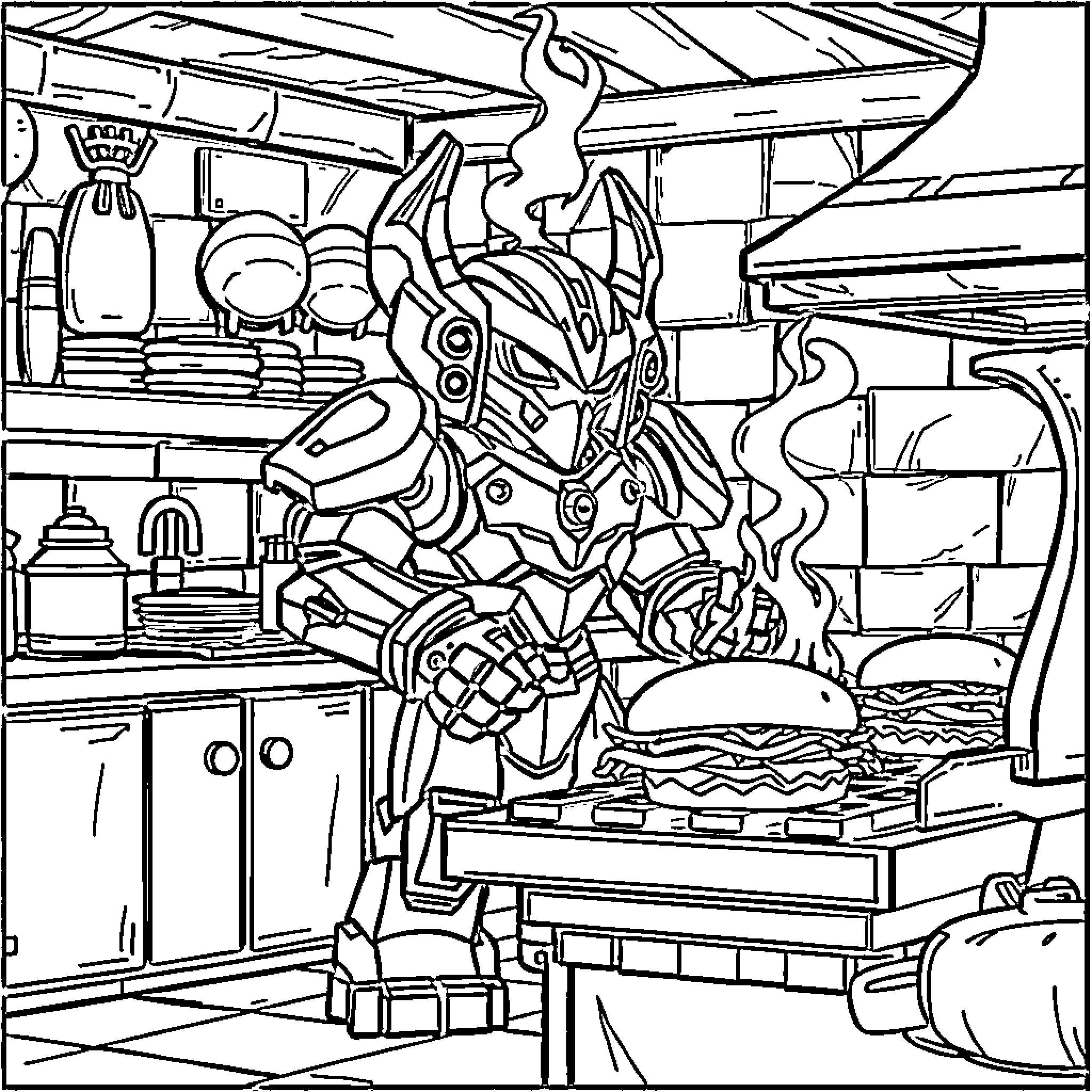 Tahu Prepares a Feast in the Kitchen Coloring Page (free black-and-white line drawing printable PDF for all, from beginners to advanced learners, including children, teens, adults, and seniors)