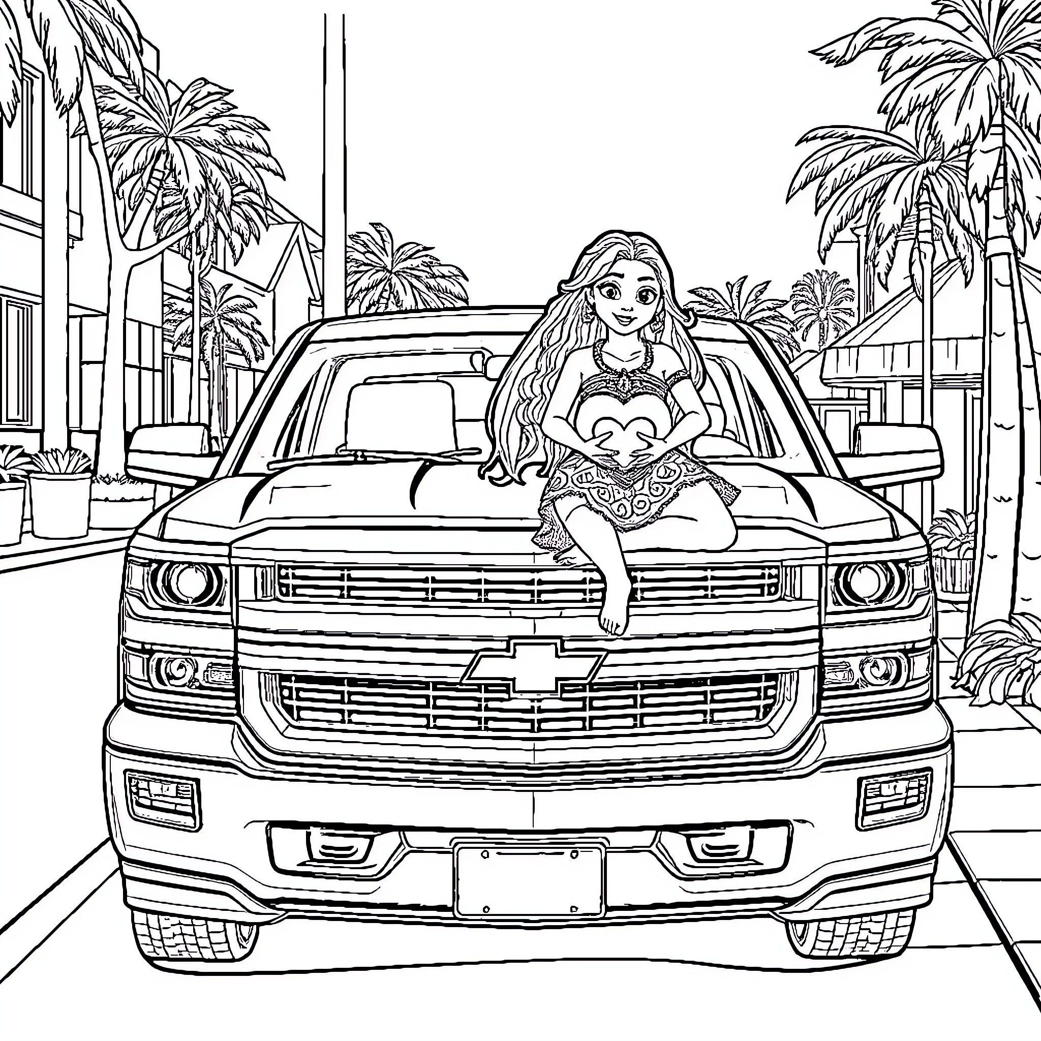Chevy Silverado with a young woman in an outdoor scene Coloring Page (free black-and-white line drawing printable PDF for all, from beginners to advanced learners, including children, teens, adults, and seniors)